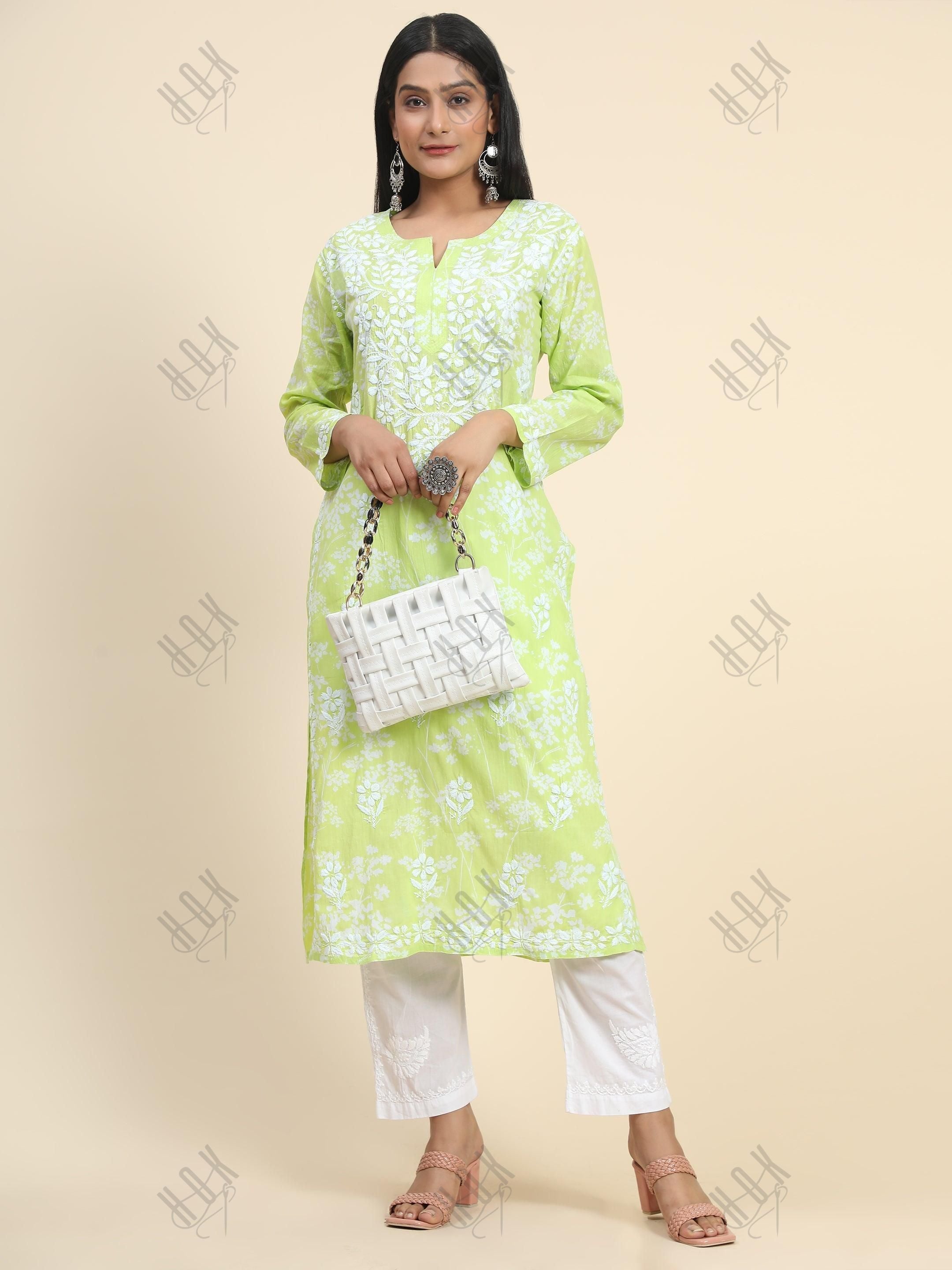 Samma Mul Printed Hand Embroidery Chikankari Kurta- Fluorescent Green - House Of Kari (Chikankari Clothing)