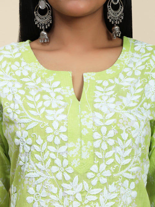 Samma Mul Printed Hand Embroidery Chikankari Kurta- Fluorescent Green - House Of Kari (Chikankari Clothing)