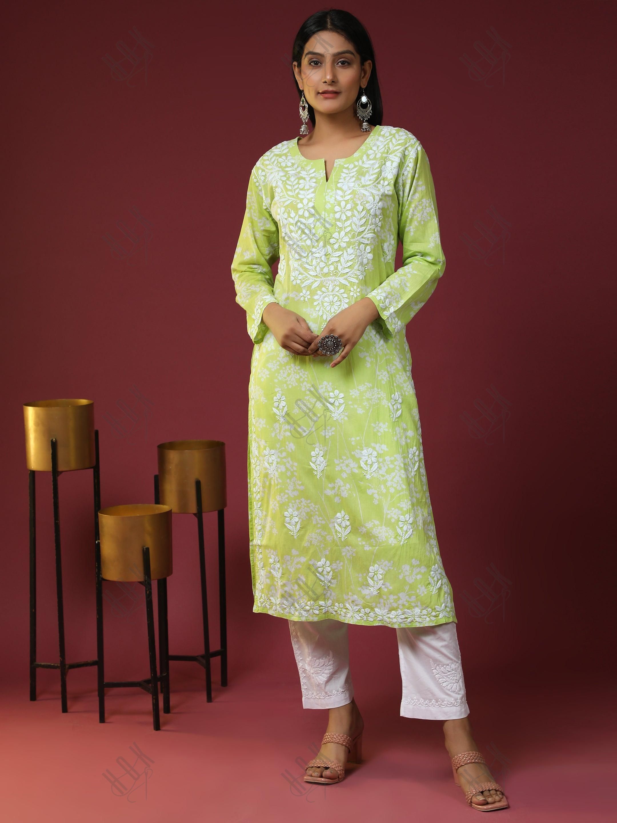 Samma Mul Printed Hand Embroidery Chikankari Kurta- Fluorescent Green - House Of Kari (Chikankari Clothing)