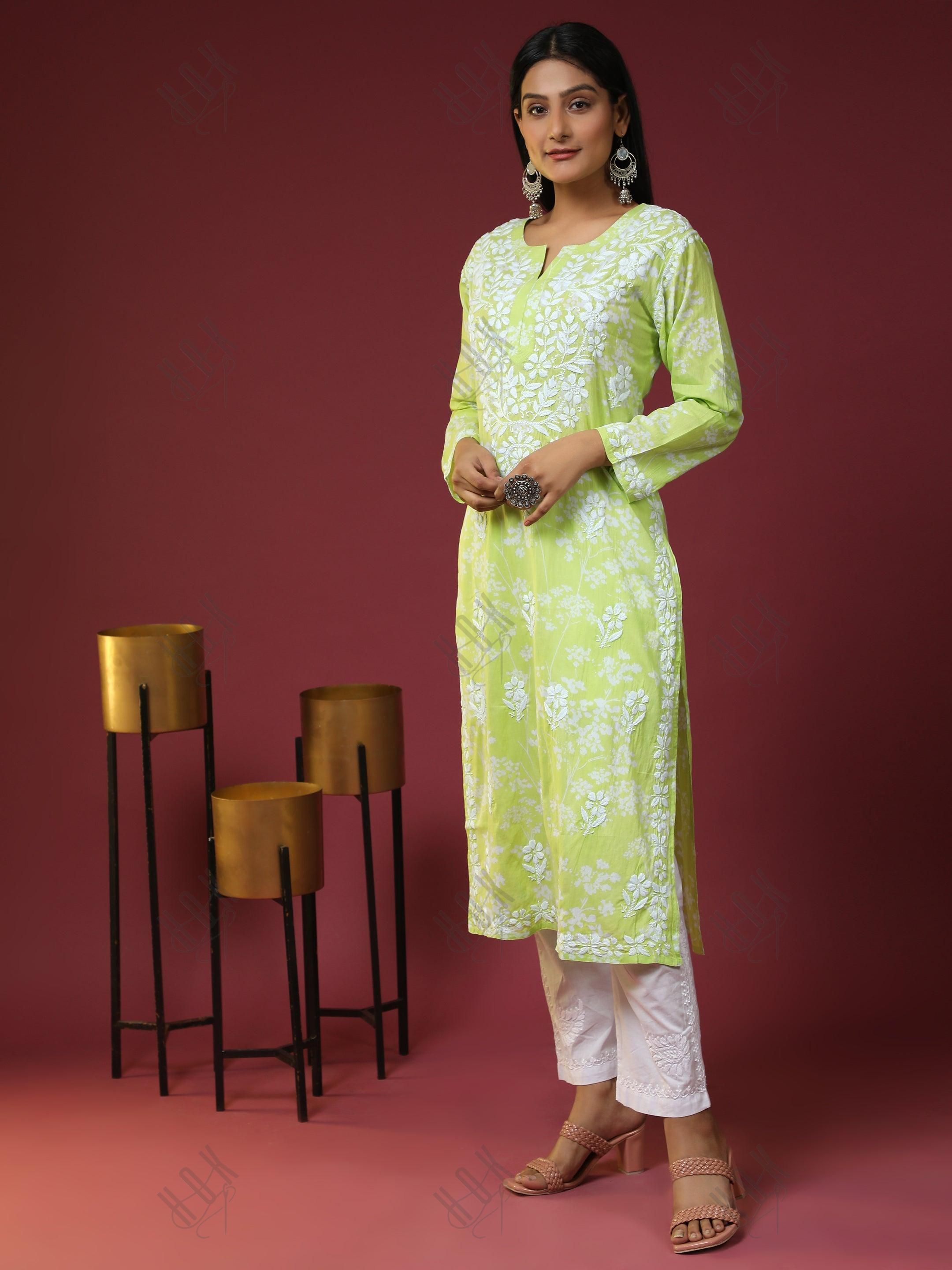 Samma Mul Printed Hand Embroidery Chikankari Kurta- Fluorescent Green - House Of Kari (Chikankari Clothing)