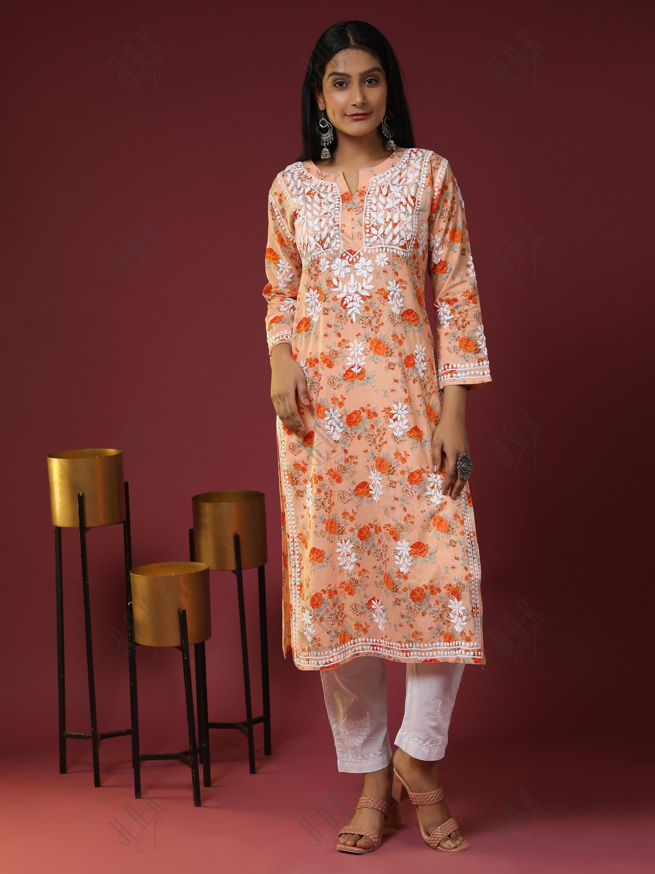 Samma Mul Printed Hand Embroidery Chikankari Kurta- Orange - House Of Kari (Chikankari Clothing)