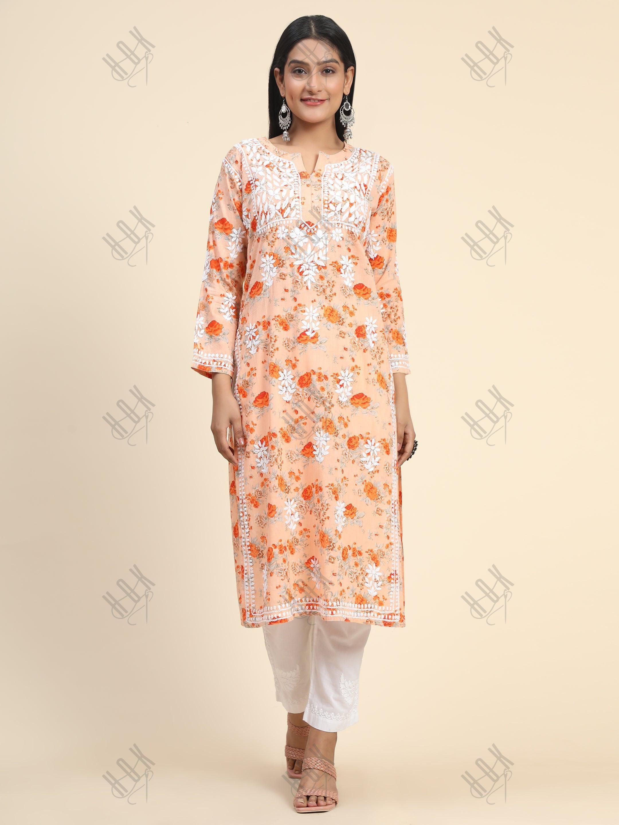 Samma Mul Printed Hand Embroidery Chikankari Kurta- Orange - House Of Kari (Chikankari Clothing)