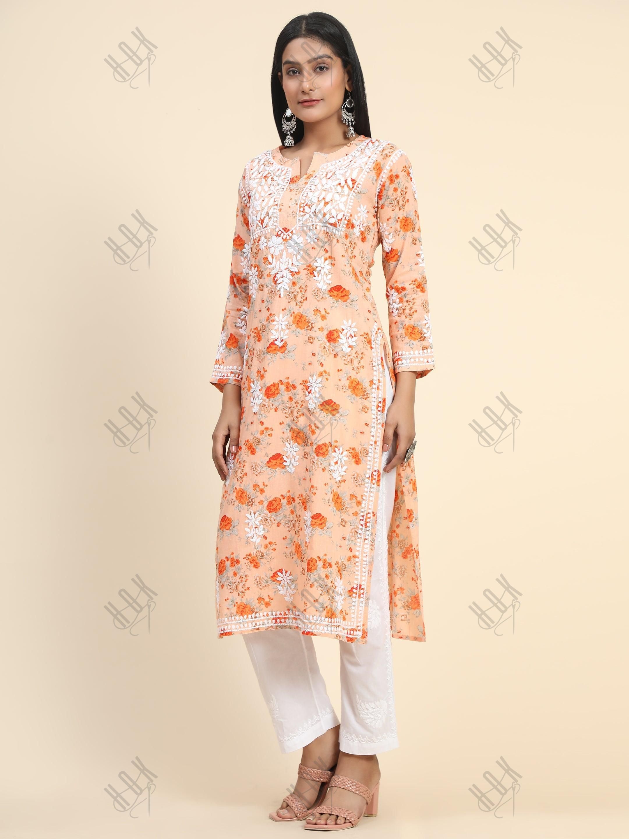 Samma Mul Printed Hand Embroidery Chikankari Kurta- Orange - House Of Kari (Chikankari Clothing)