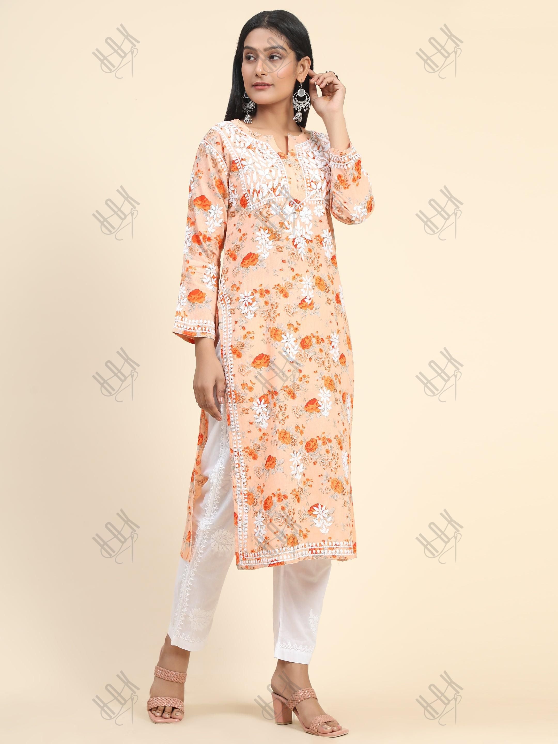 Samma Mul Printed Hand Embroidery Chikankari Kurta- Orange - House Of Kari (Chikankari Clothing)