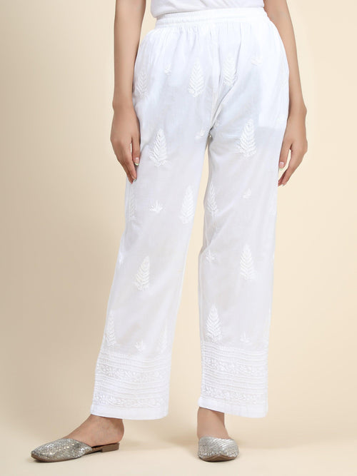 Embroidered Cotton White Relaxed Chikankari Pants - House Of Kari  (Chikankari Clothing)