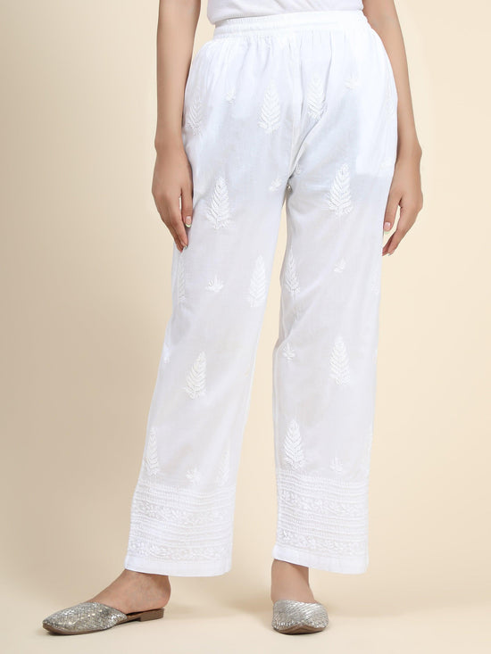 White Cotton Embroidered Slim Fit Pants – akheri