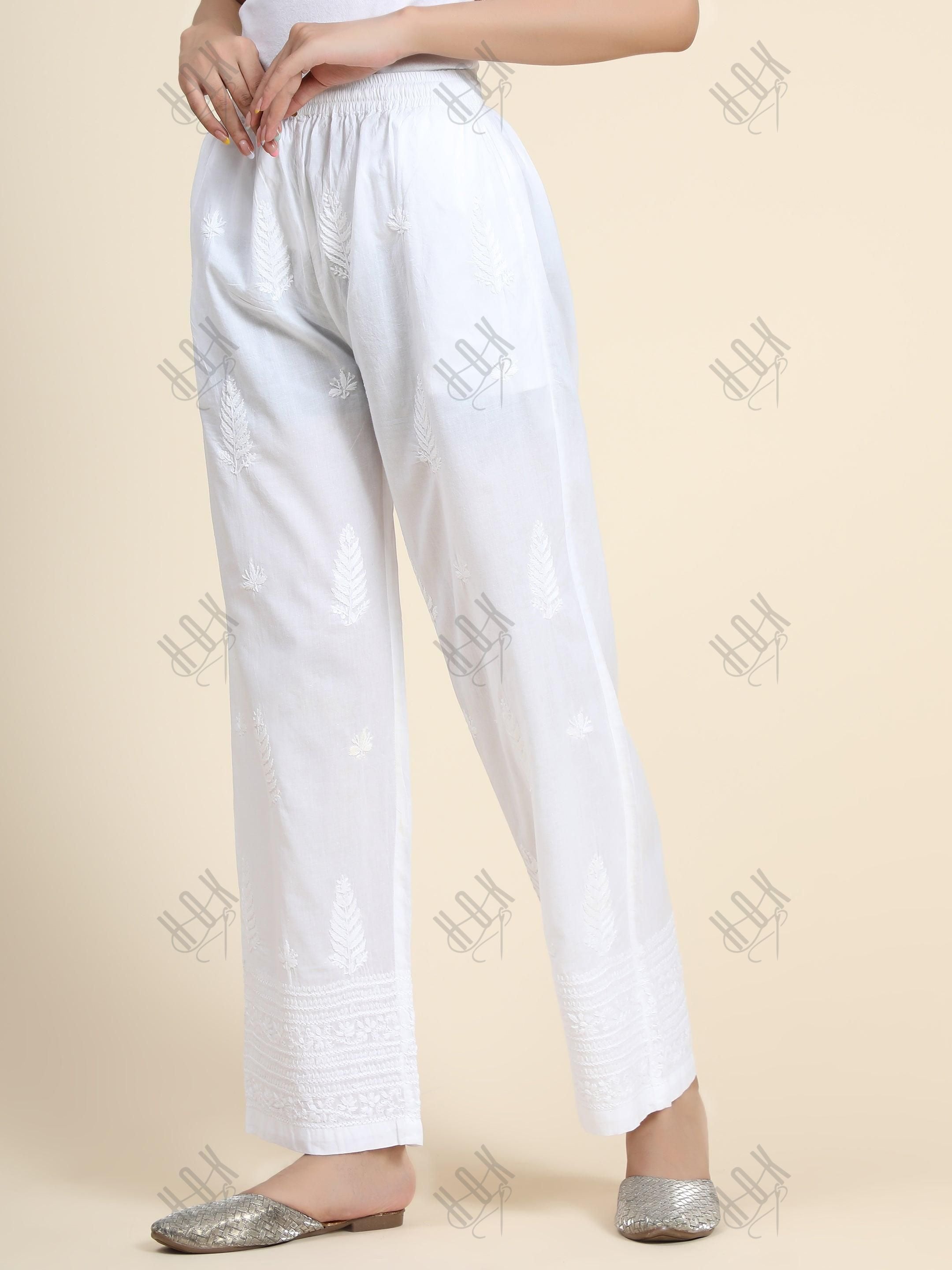 HOK Chikankari Cotton White Pants - House Of Kari (Chikankari Clothing)