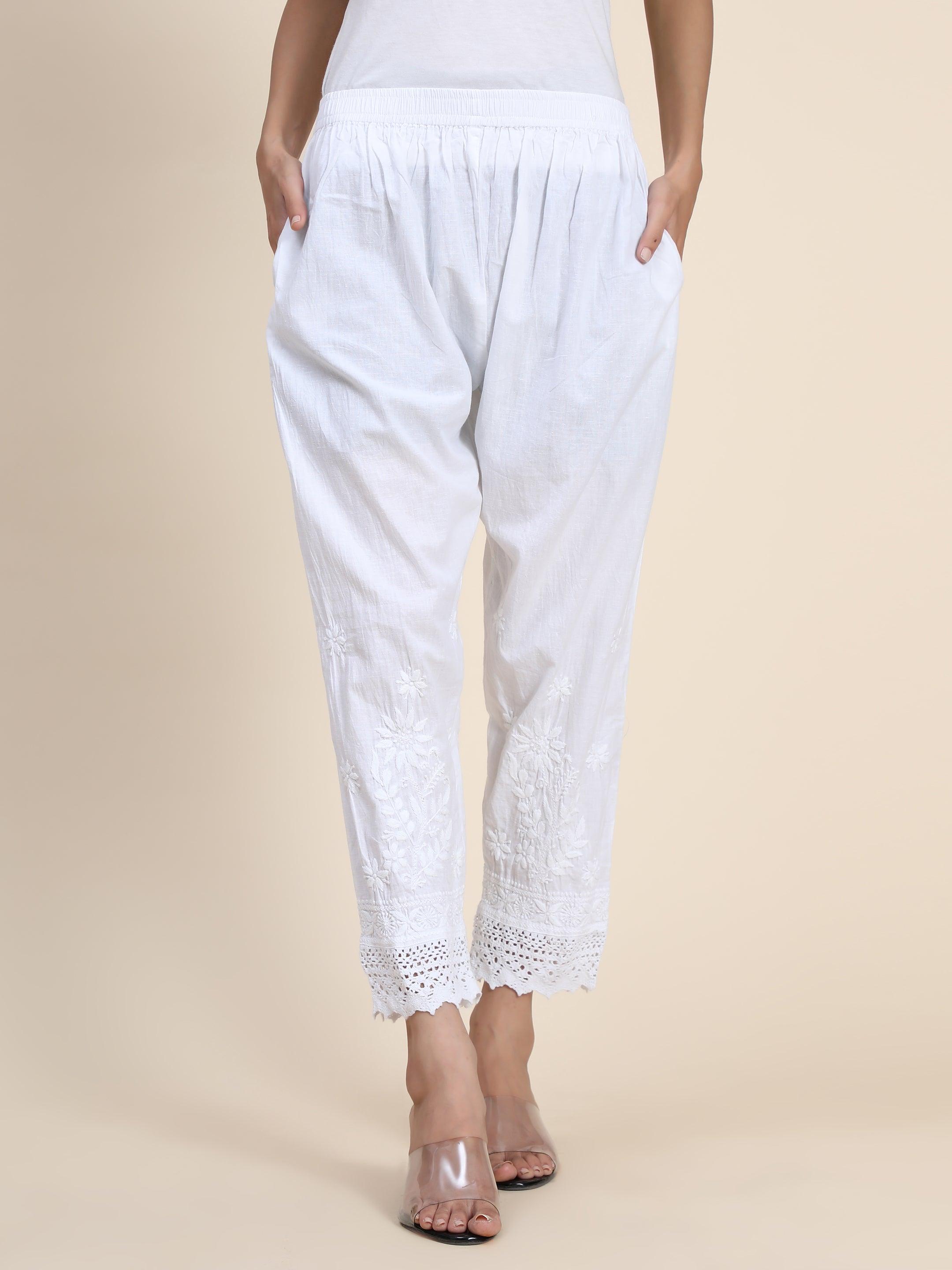 India Chikan White Hand Embroidered Chikankari Cotton Straight Pant  Elasticated Waistband Women pant trouser salwar  Long sleeve dress online  Trouser pants women Pants for women