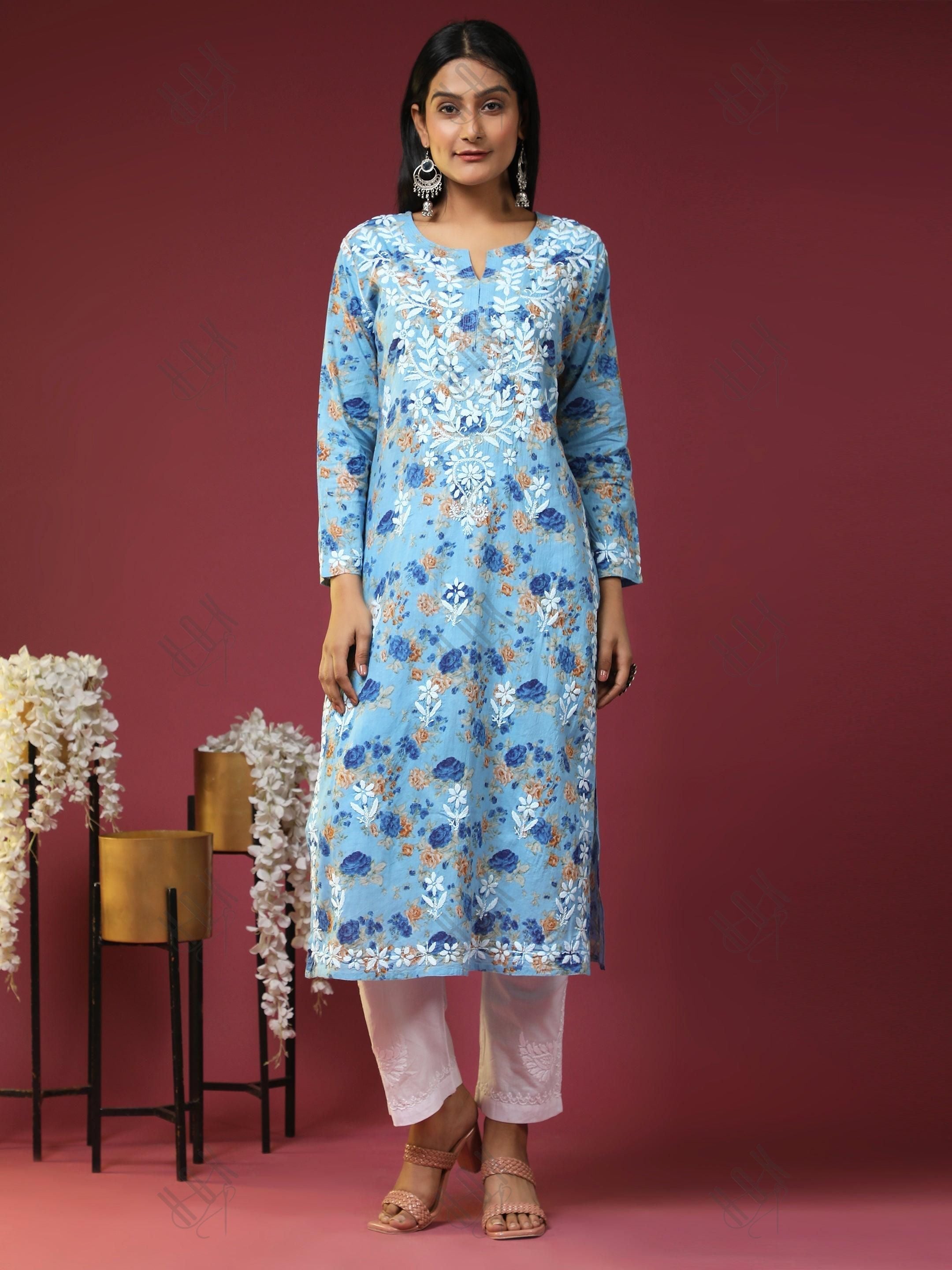 Aruneet in Noor Mul Printed Hand Embroidery Chikankari Kurta- Blue - House Of Kari (Chikankari Clothing)