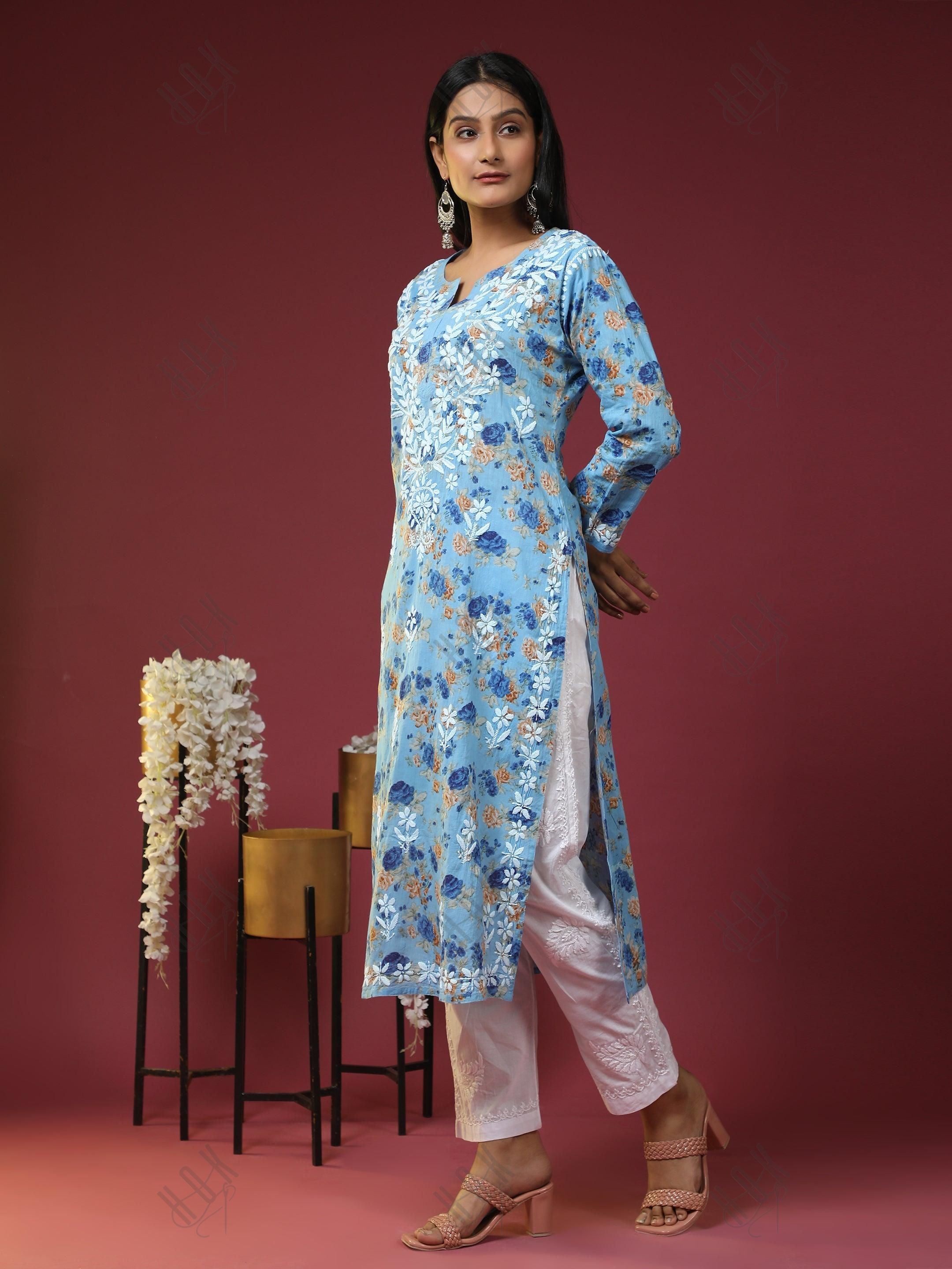 Aruneet in Noor Mul Printed Hand Embroidery Chikankari Kurta- Blue - House Of Kari (Chikankari Clothing)