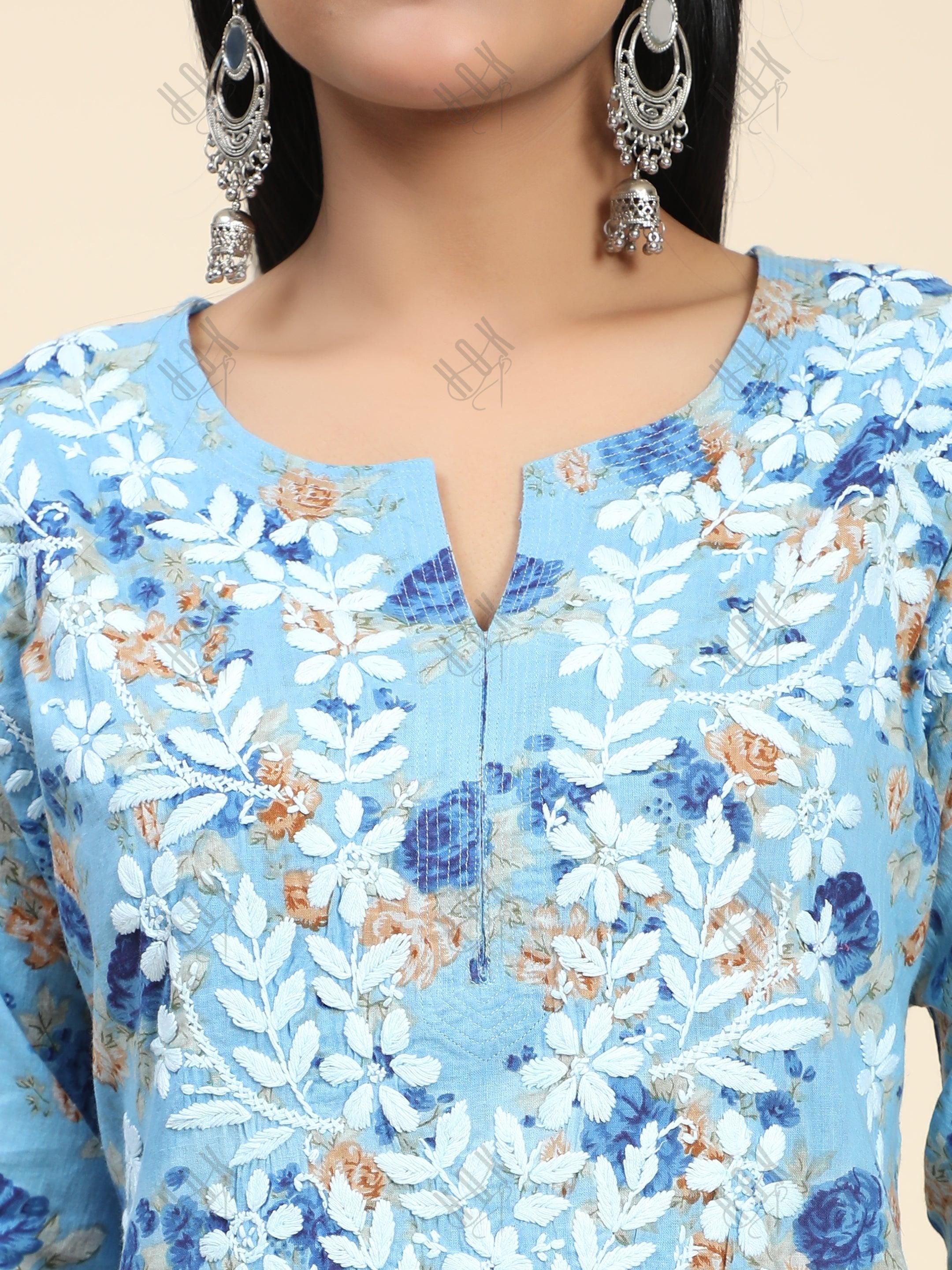 Buy Blue Muslin Embroidery Bloom Round Shaded Chikankari Kurta For