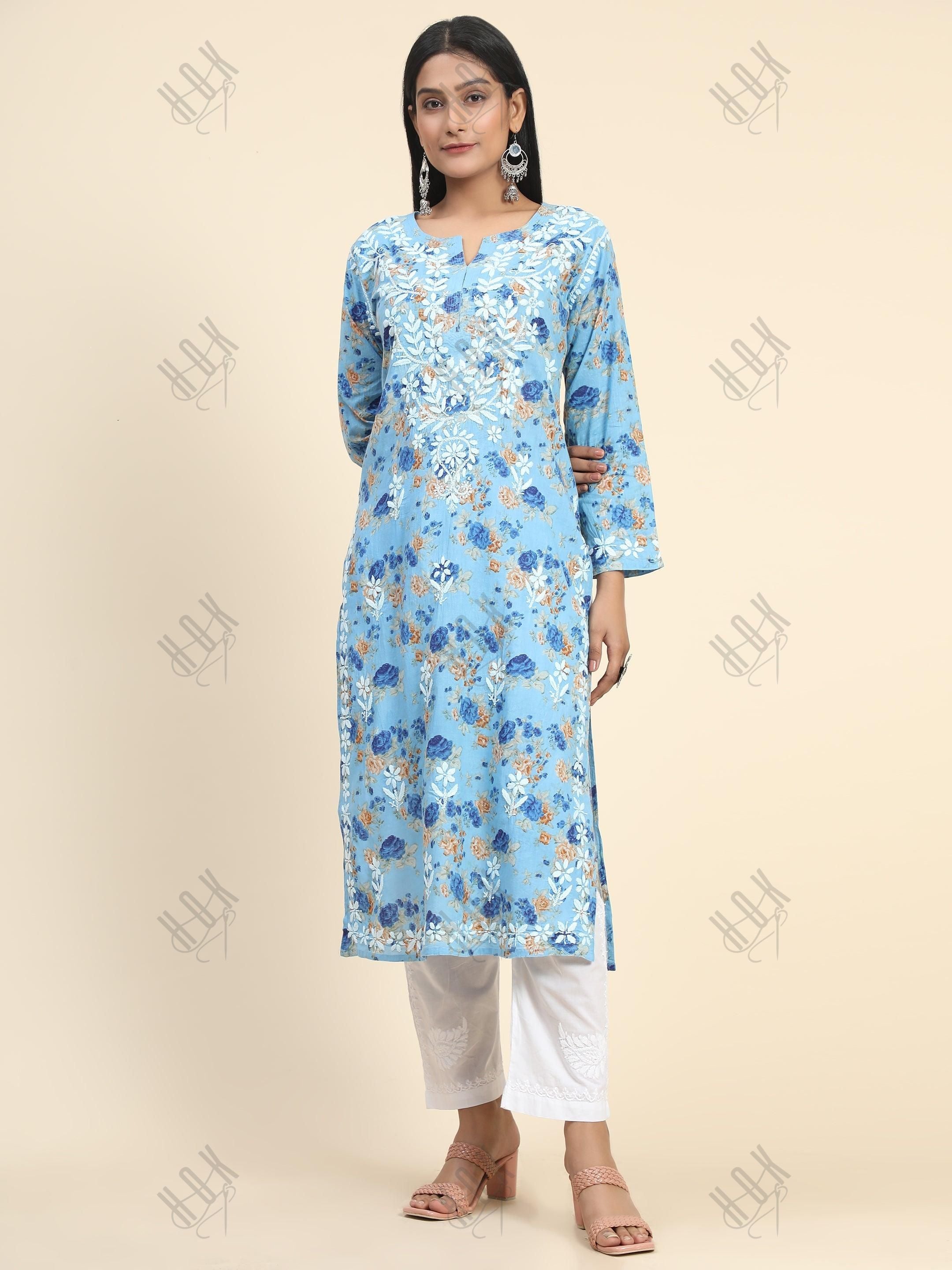 Samma Mul Printed Hand Embroidery Chikankari Kurta- Blue - House Of Kari (Chikankari Clothing)