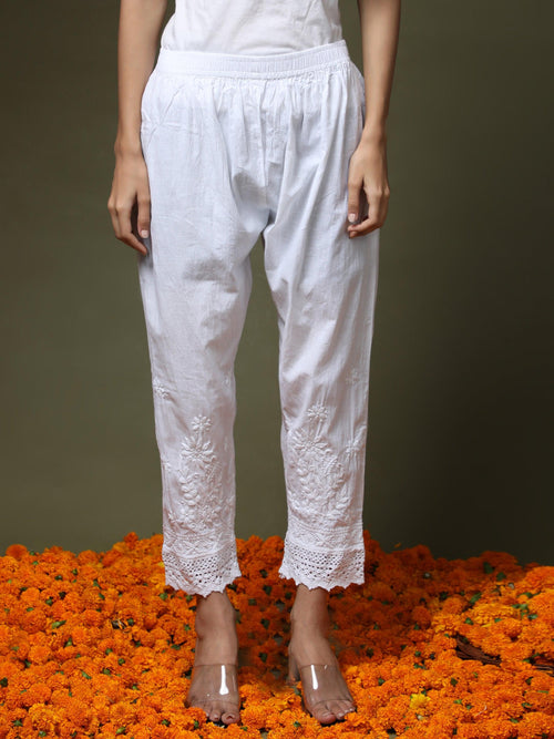 House Of Kari Chikankari Embroidered Cotton White Relaxed Pants Trouse -  House Of Kari (Chikankari Clothing)
