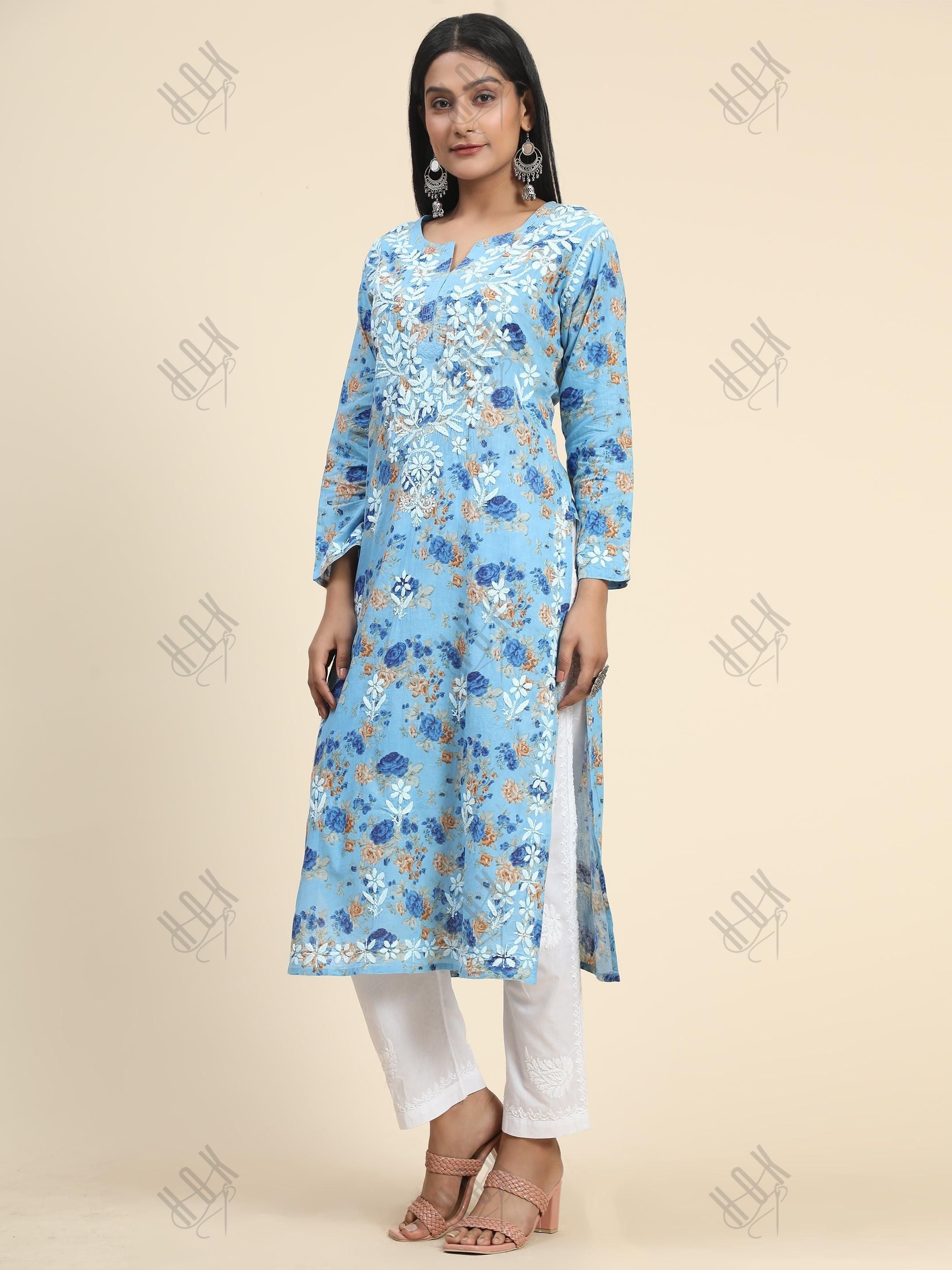 Samma Mul Printed Hand Embroidery Chikankari Kurta- Blue - House Of Kari (Chikankari Clothing)