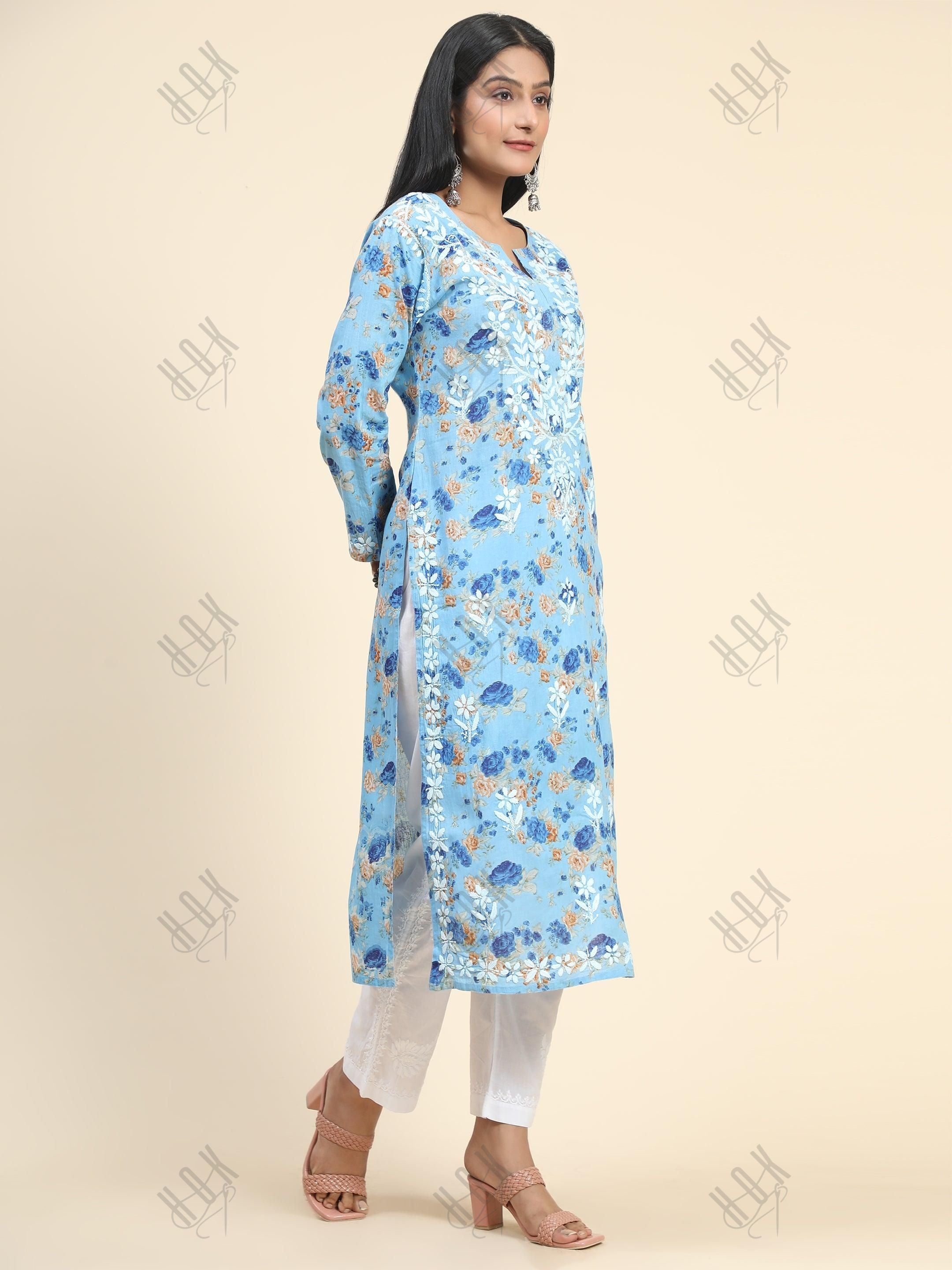 Samma Mul Printed Hand Embroidery Chikankari Kurta- Blue - House Of Kari (Chikankari Clothing)