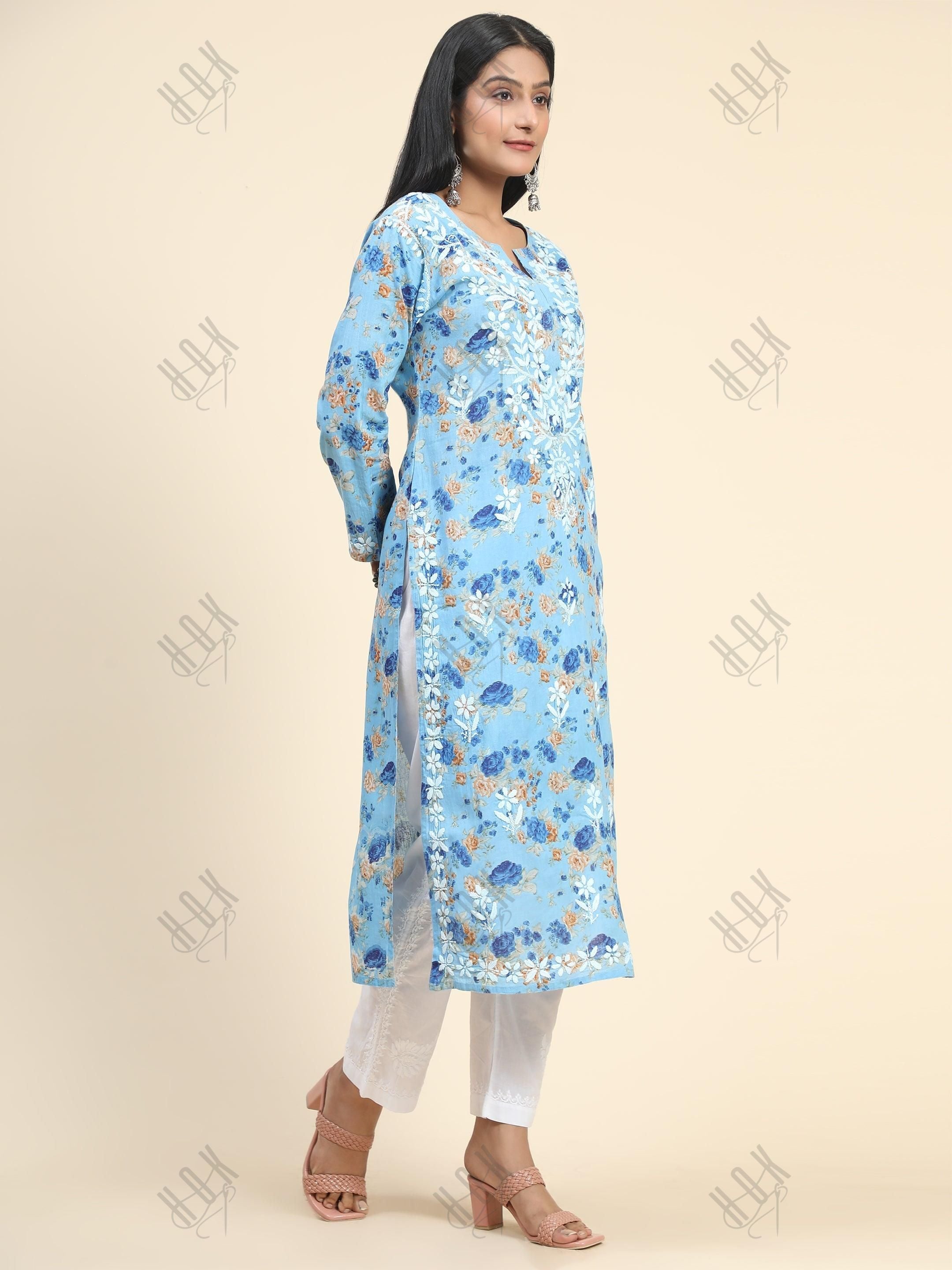 Aruneet in Noor Mul Printed Hand Embroidery Chikankari Kurta- Blue - House Of Kari (Chikankari Clothing)