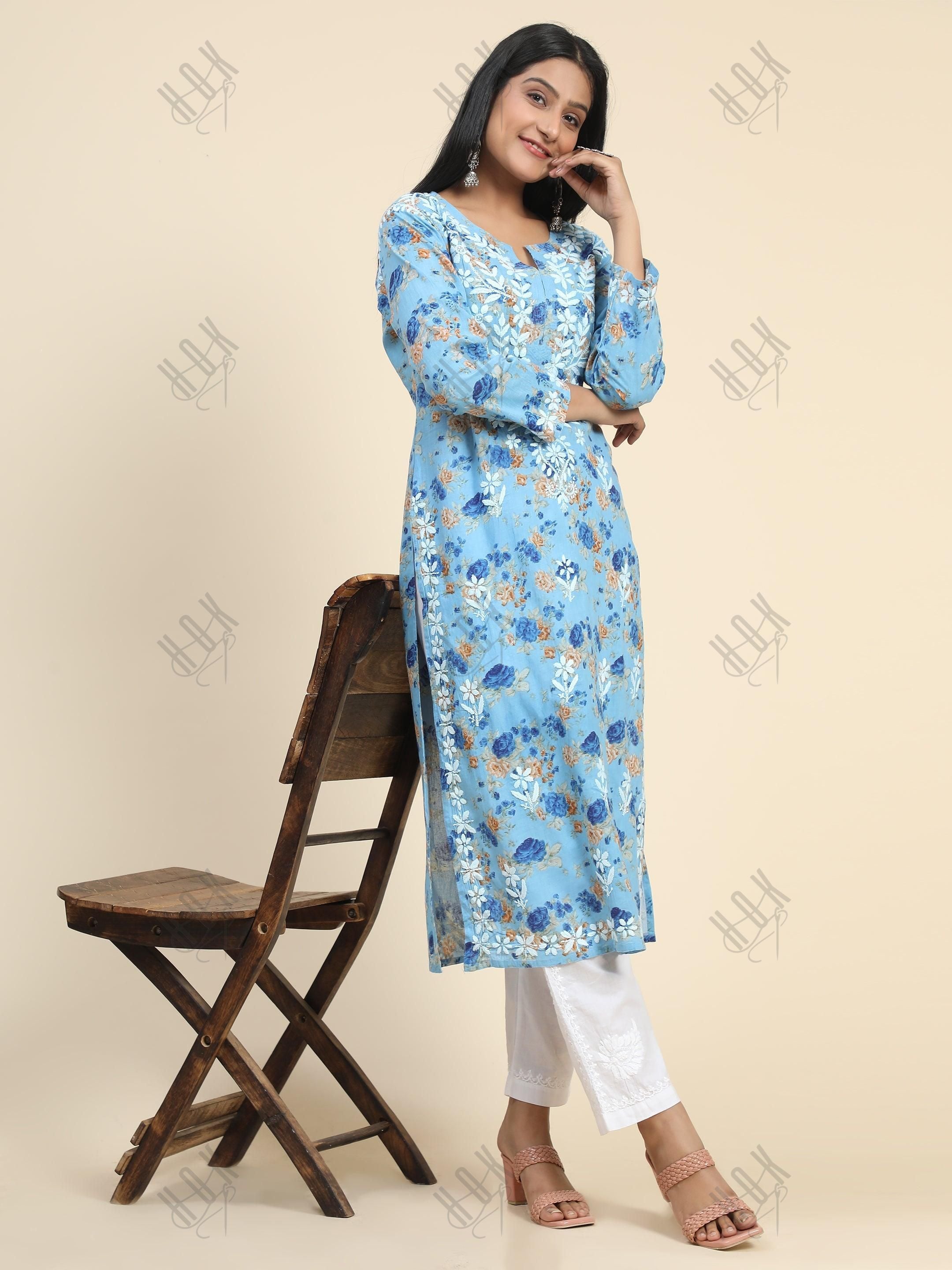 Samma Mul Printed Hand Embroidery Chikankari Kurta- Blue - House Of Kari (Chikankari Clothing)