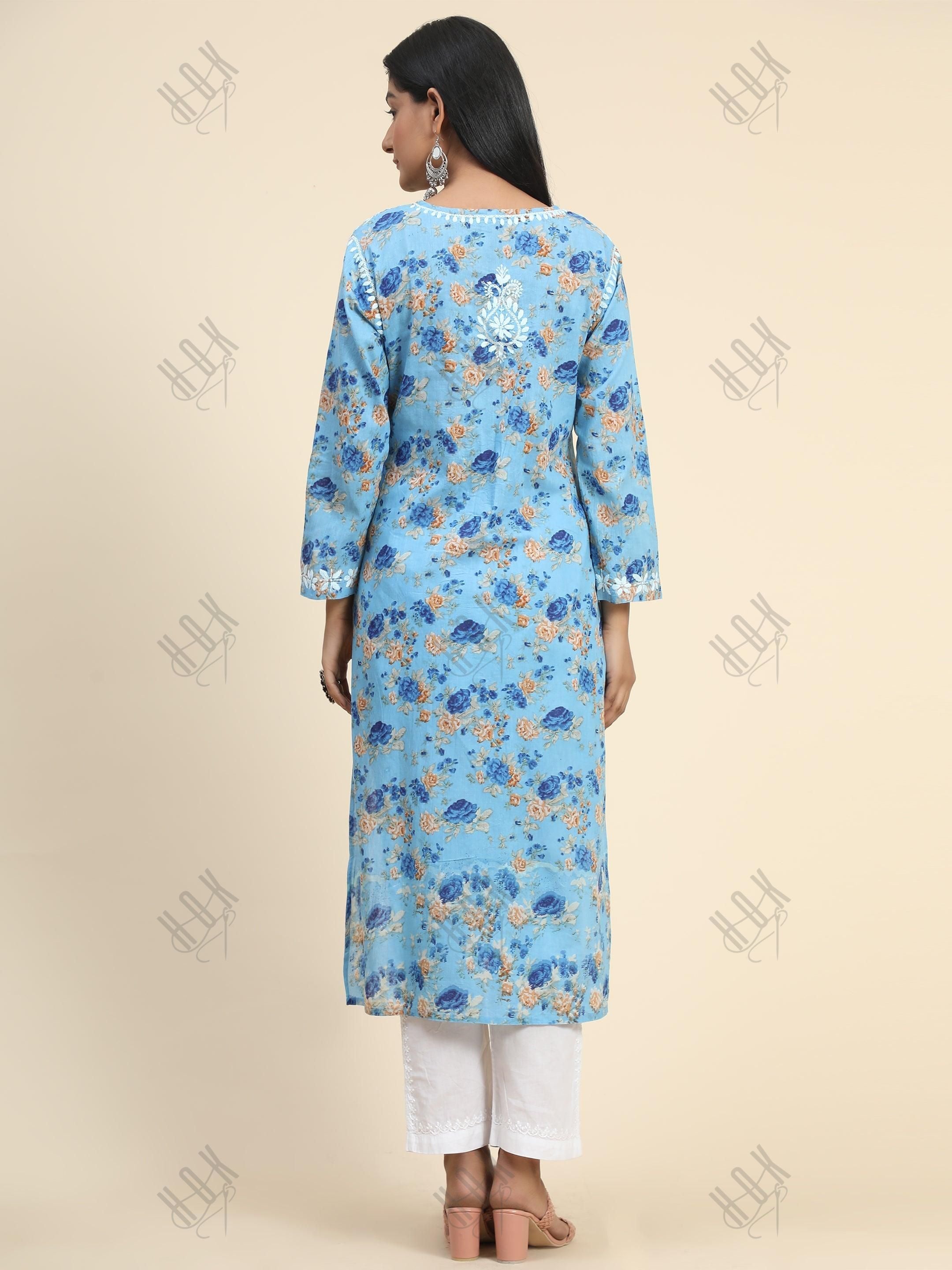 Samma Mul Printed Hand Embroidery Chikankari Kurta- Blue - House Of Kari (Chikankari Clothing)