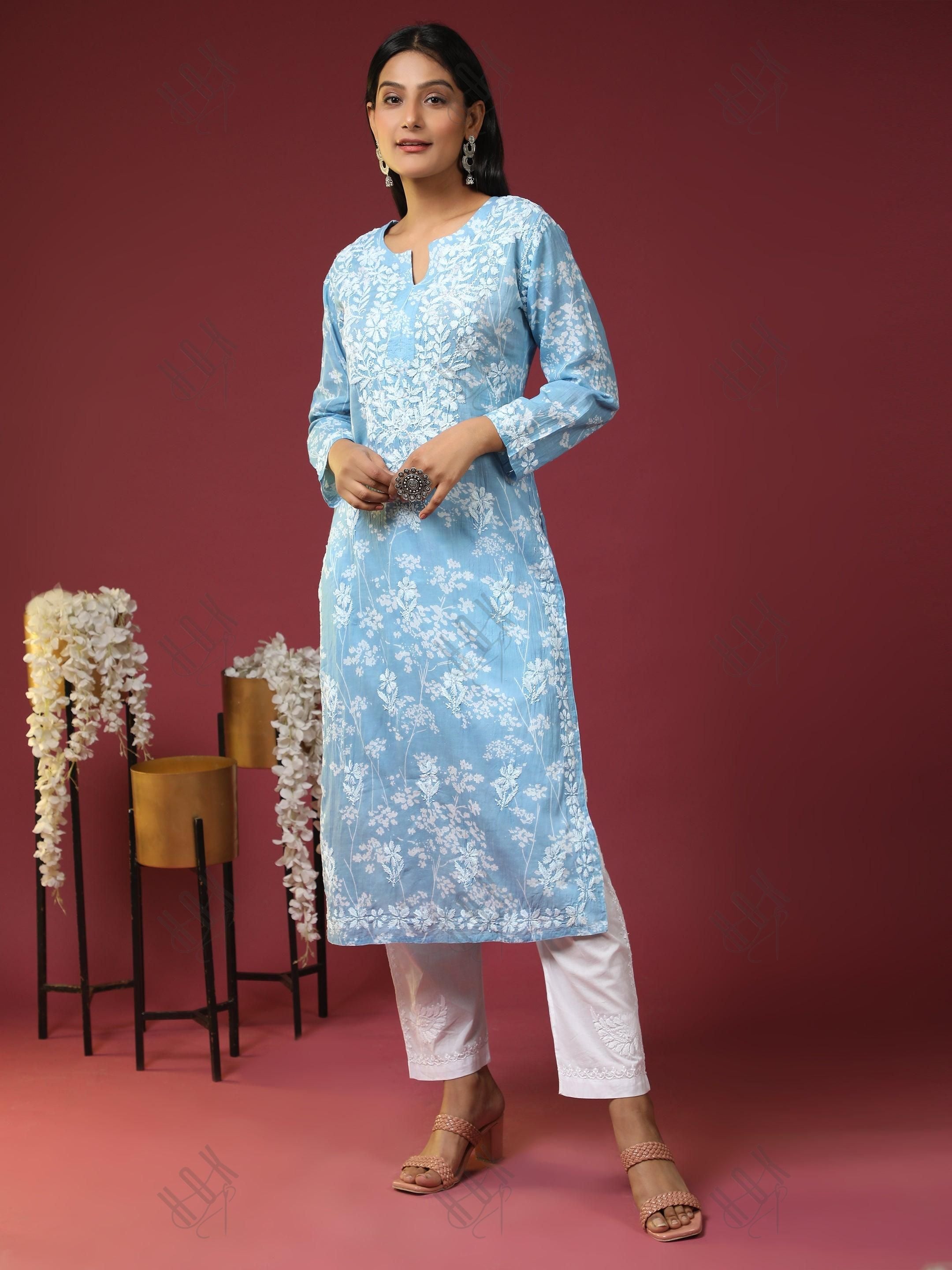 Noor Mul Printed Hand Embroidery Chikankari Kurta- Sky Blue - House Of Kari (Chikankari Clothing)