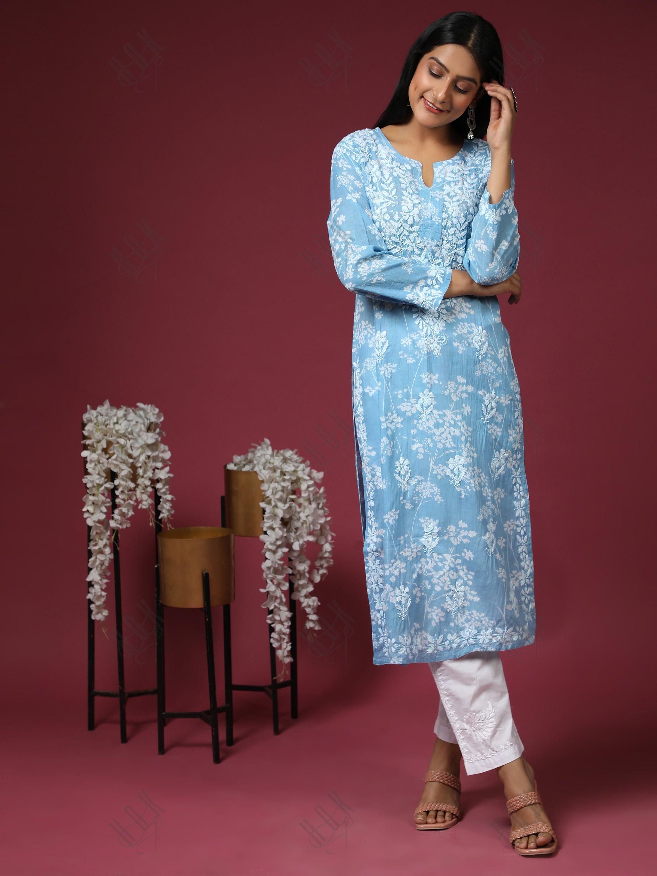 Noor Mul Printed Hand Embroidery Chikankari Kurta- Sky Blue - House Of Kari (Chikankari Clothing)