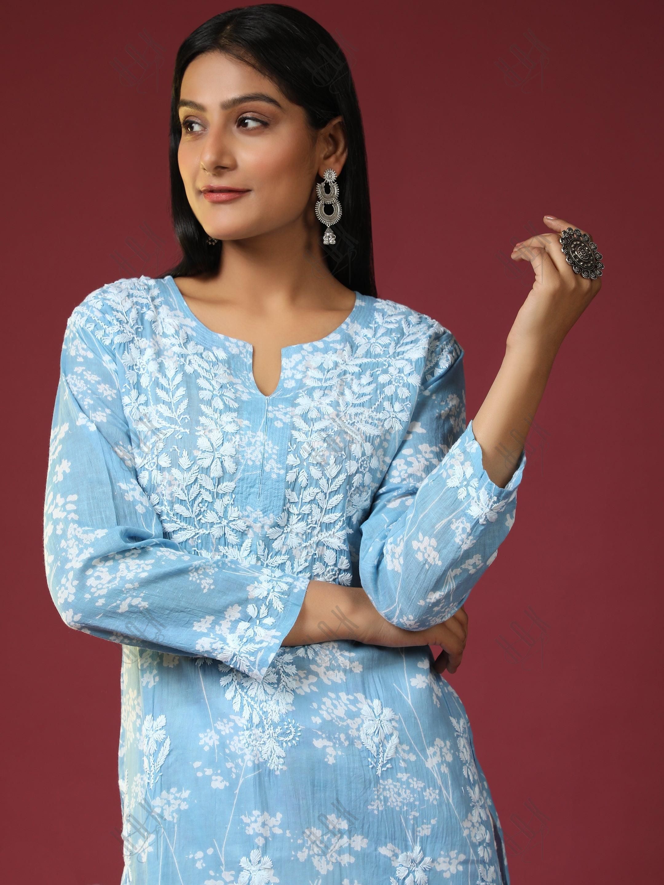 Noor Mul Printed Hand Embroidery Chikankari Kurta- Sky Blue - House Of Kari (Chikankari Clothing)