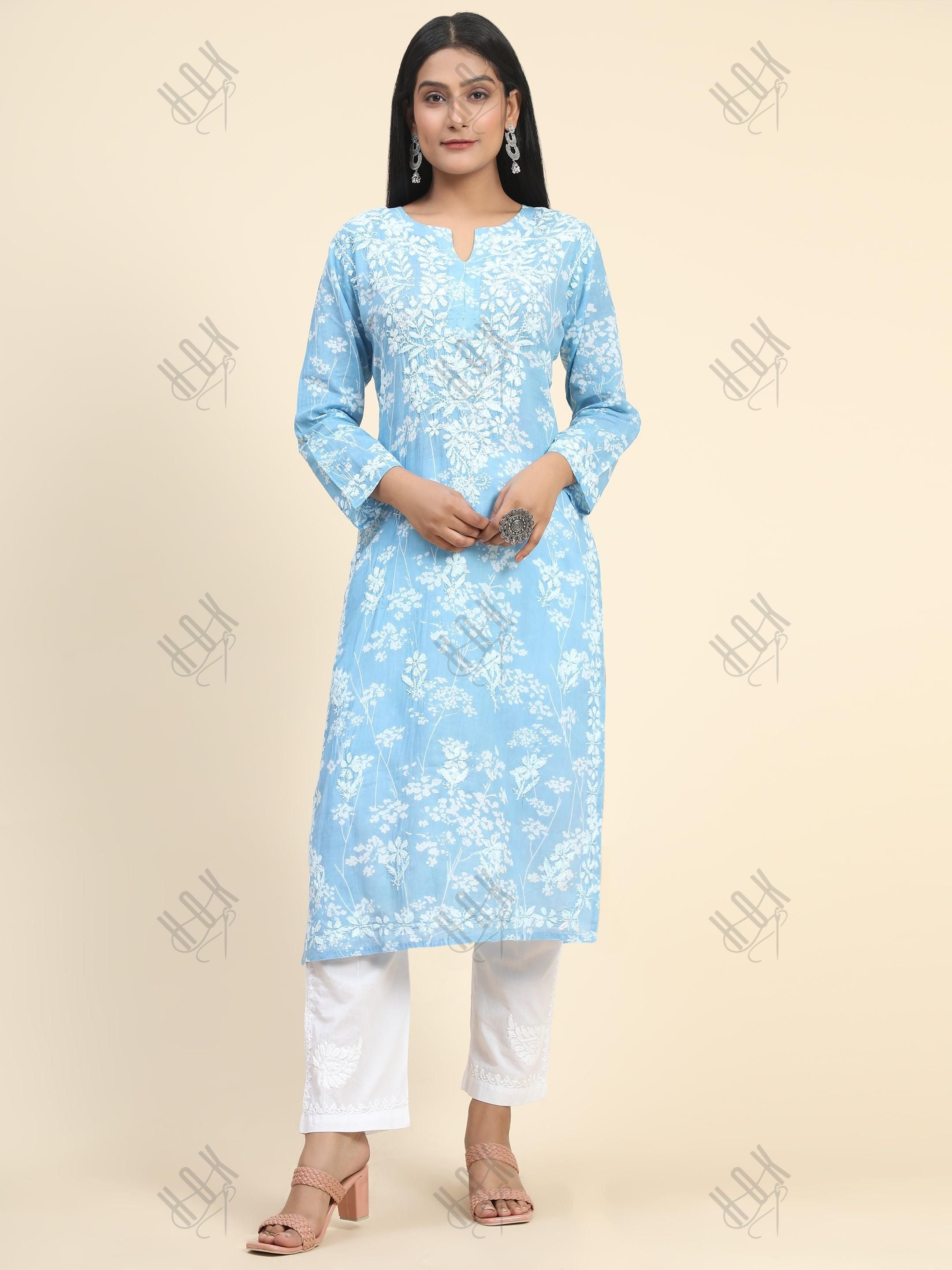 Noor Mul Printed Hand Embroidery Chikankari Kurta- Sky Blue - House Of Kari (Chikankari Clothing)