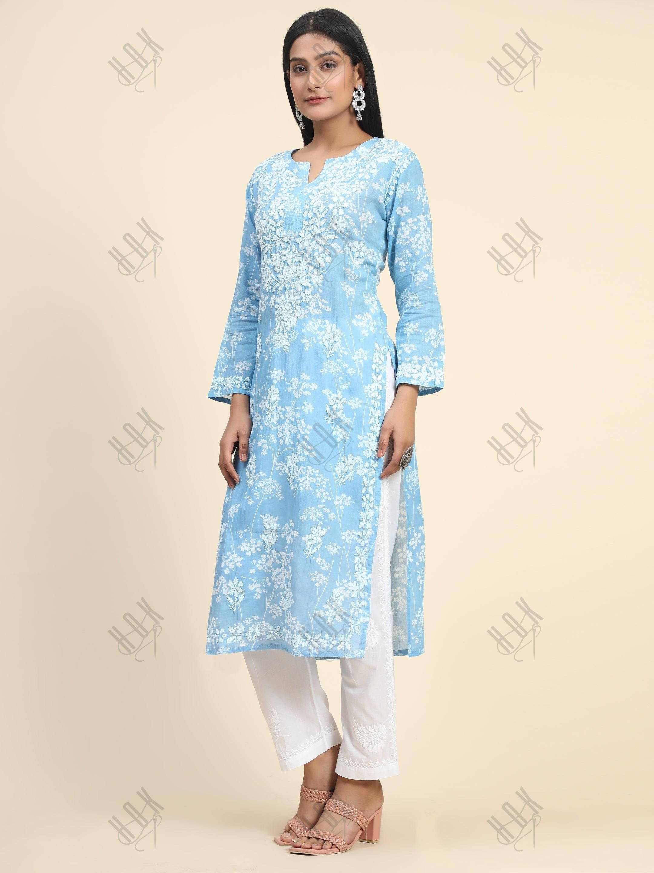 Noor Mul Printed Hand Embroidery Chikankari Kurta- Sky Blue - House Of Kari (Chikankari Clothing)