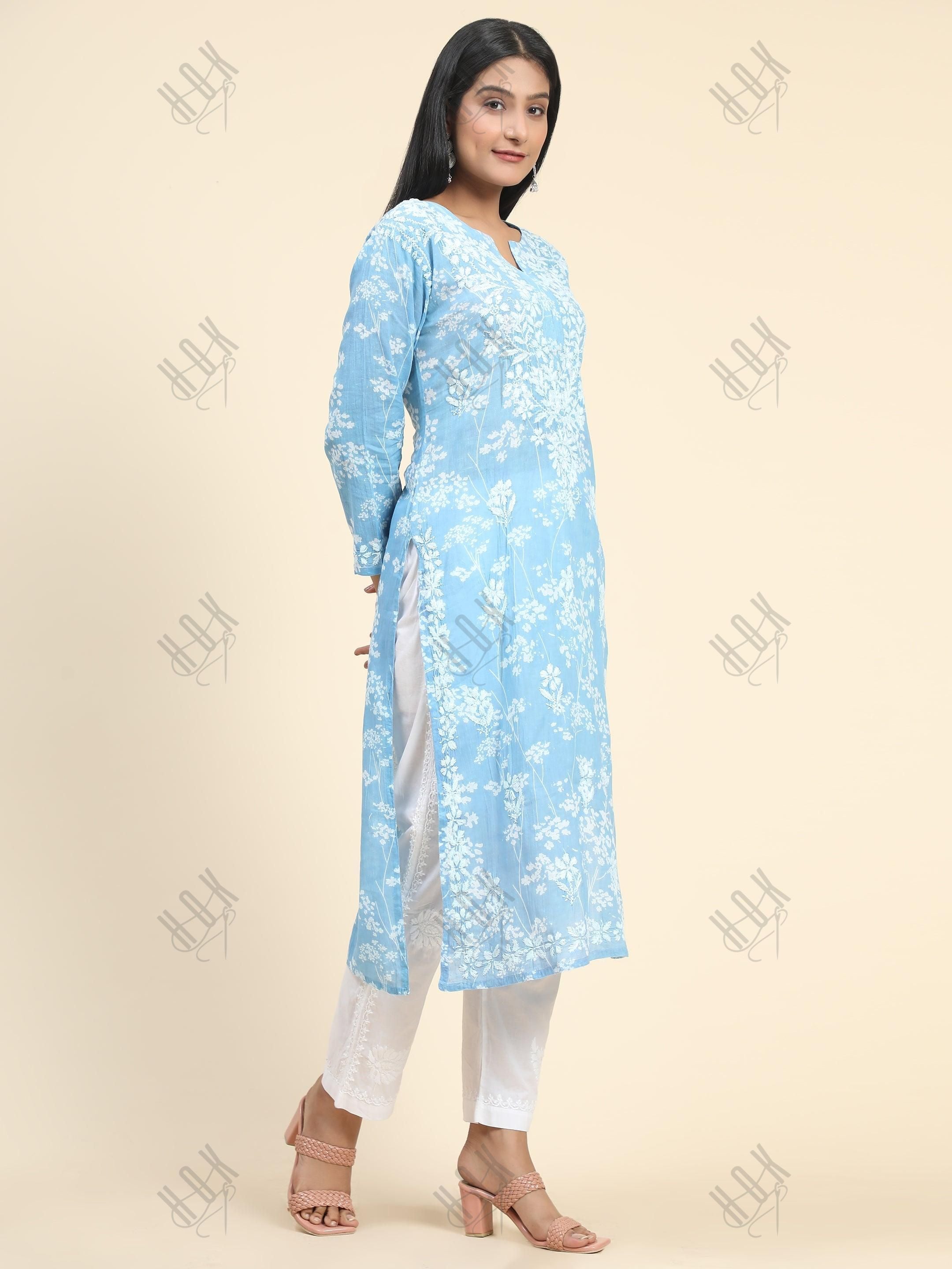 Noor Mul Printed Hand Embroidery Chikankari Kurta- Sky Blue - House Of Kari (Chikankari Clothing)