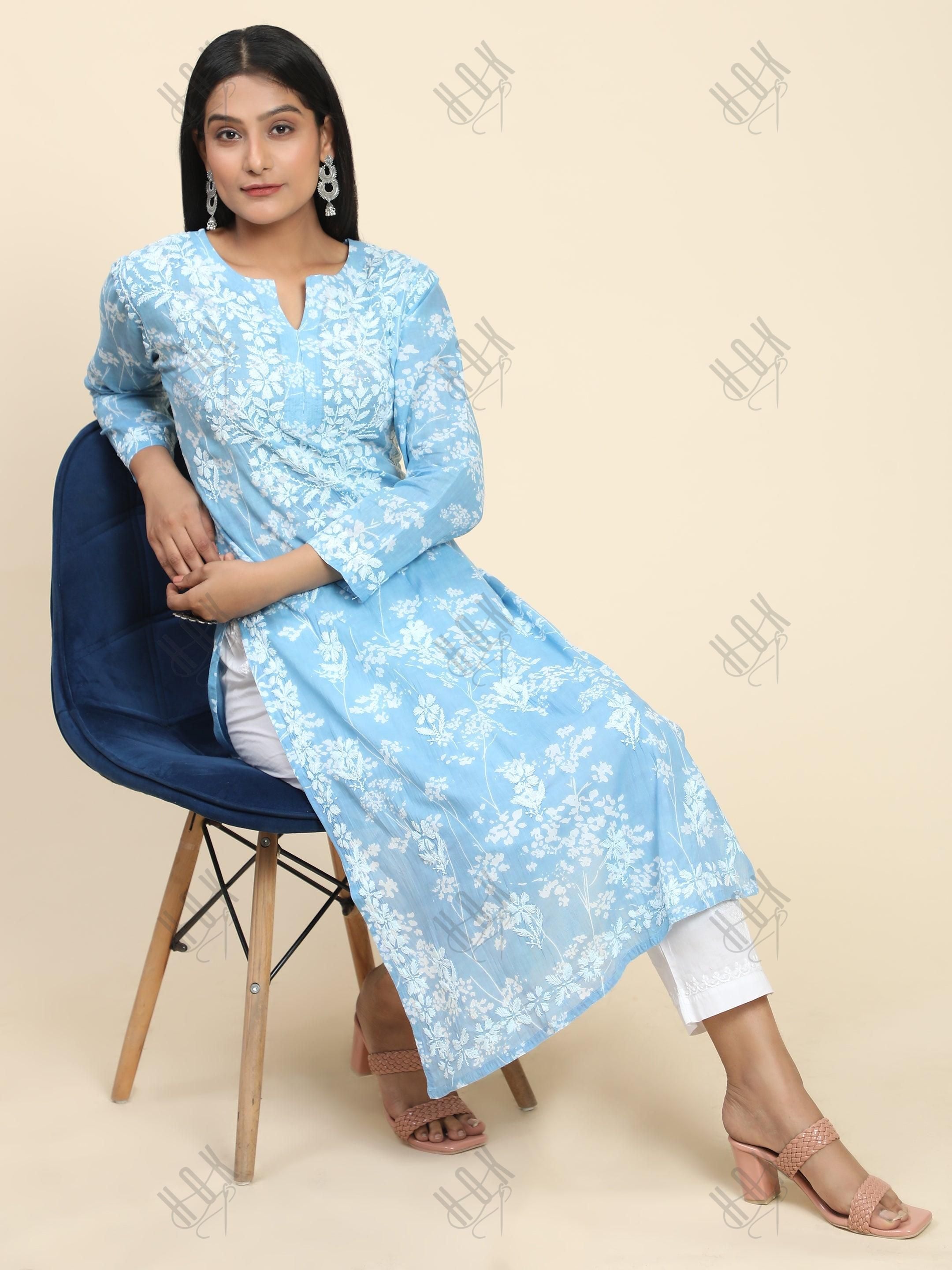 Noor Mul Printed Hand Embroidery Chikankari Kurta- Sky Blue - House Of Kari (Chikankari Clothing)