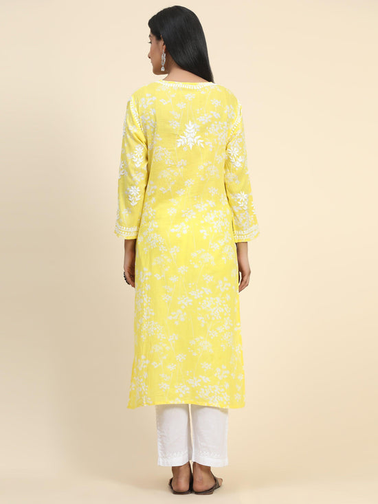 Samma Mul Printed Hand Embroidery Chikankari Kurta- Yellow - House Of Kari (Chikankari Clothing)