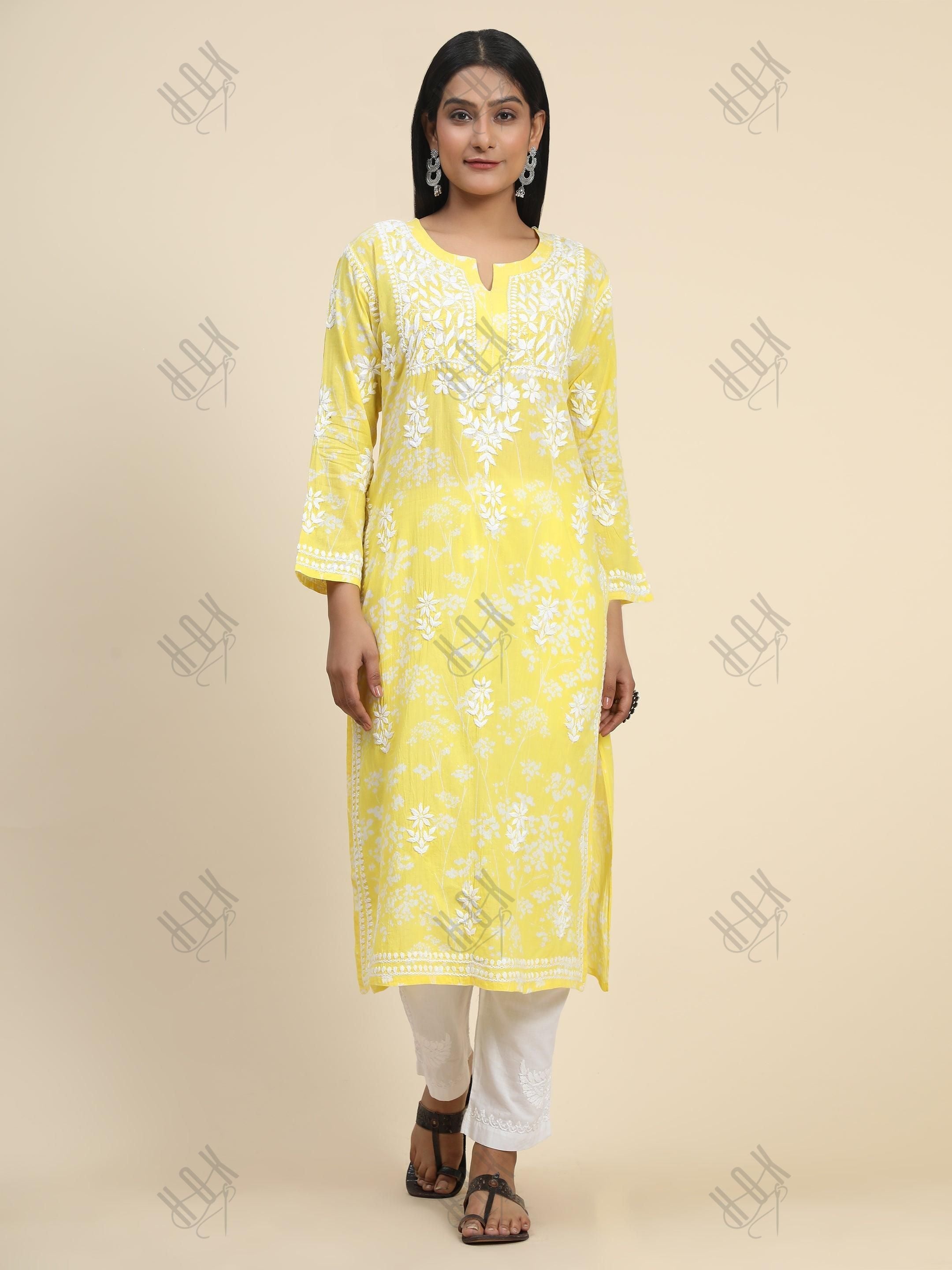 Samma Mul Printed Hand Embroidery Chikankari Kurta- Yellow - House Of Kari (Chikankari Clothing)