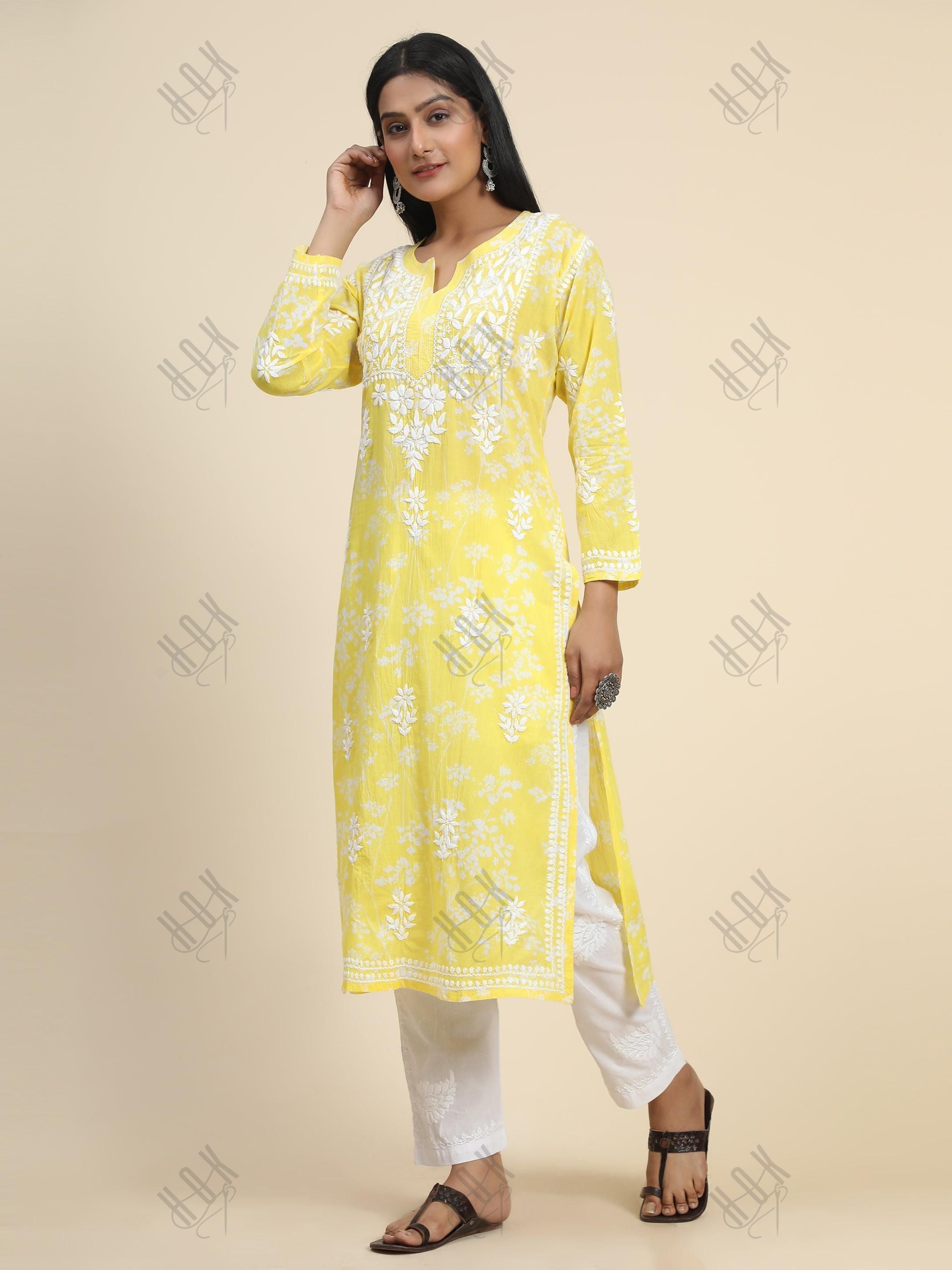 Samma Mul Printed Hand Embroidery Chikankari Kurta- Yellow - House Of Kari (Chikankari Clothing)