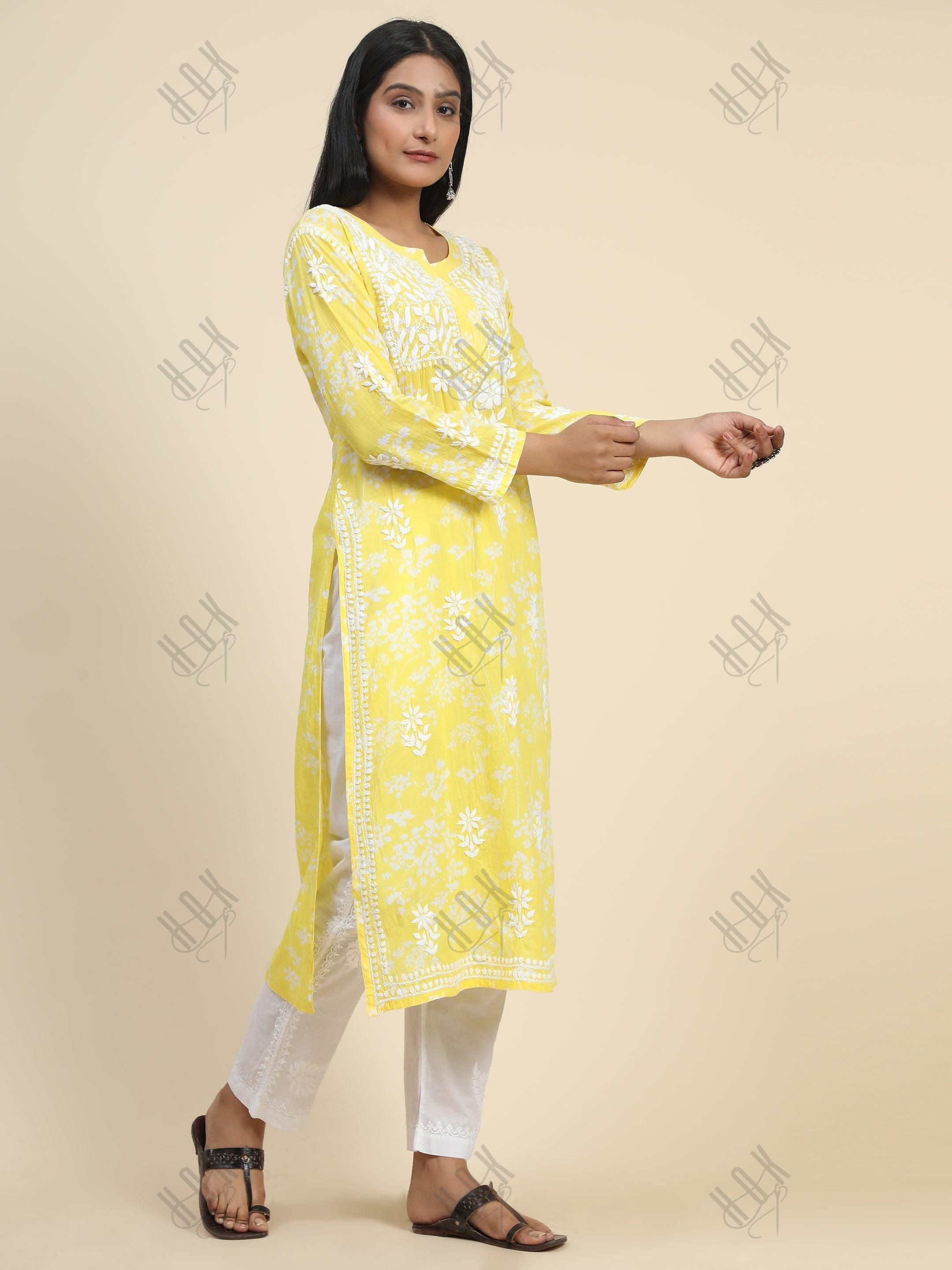 Samma Mul Printed Hand Embroidery Chikankari Kurta- Yellow - House Of Kari (Chikankari Clothing)