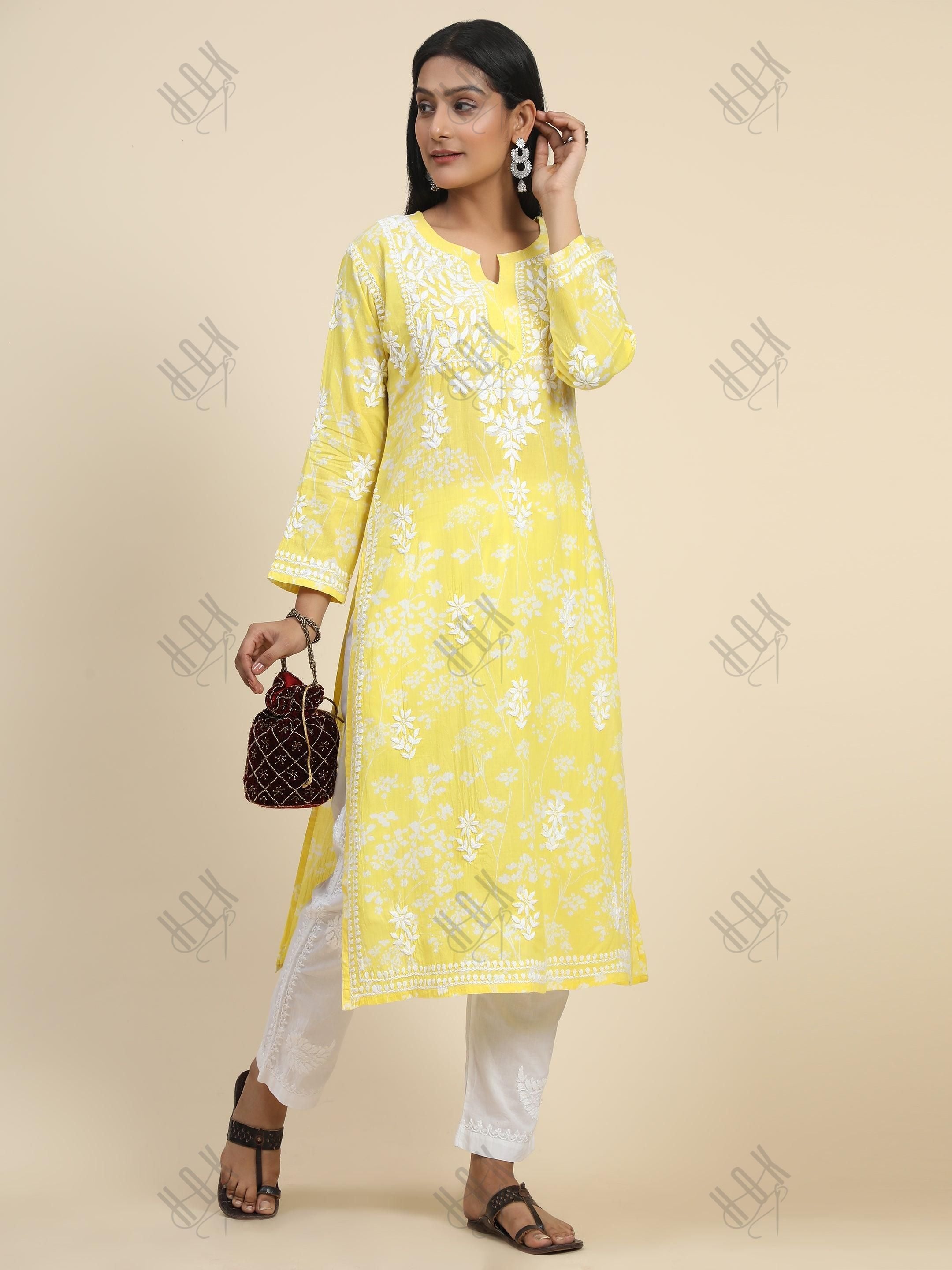 Samma Mul Printed Hand Embroidery Chikankari Kurta- Yellow - House Of Kari (Chikankari Clothing)