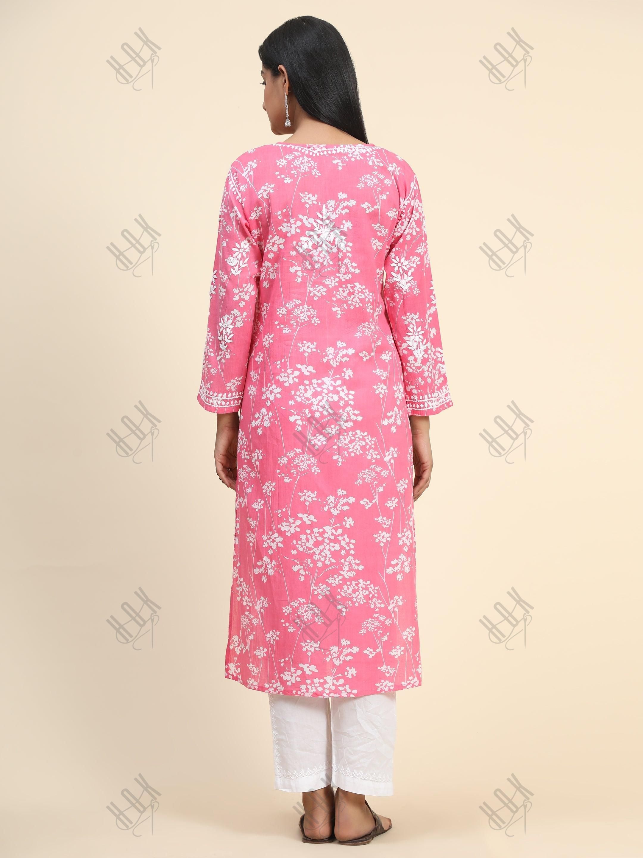 Samma Mul Printed Hand Embroidery Chikankari Kurta- Hot Pink - House Of Kari (Chikankari Clothing)