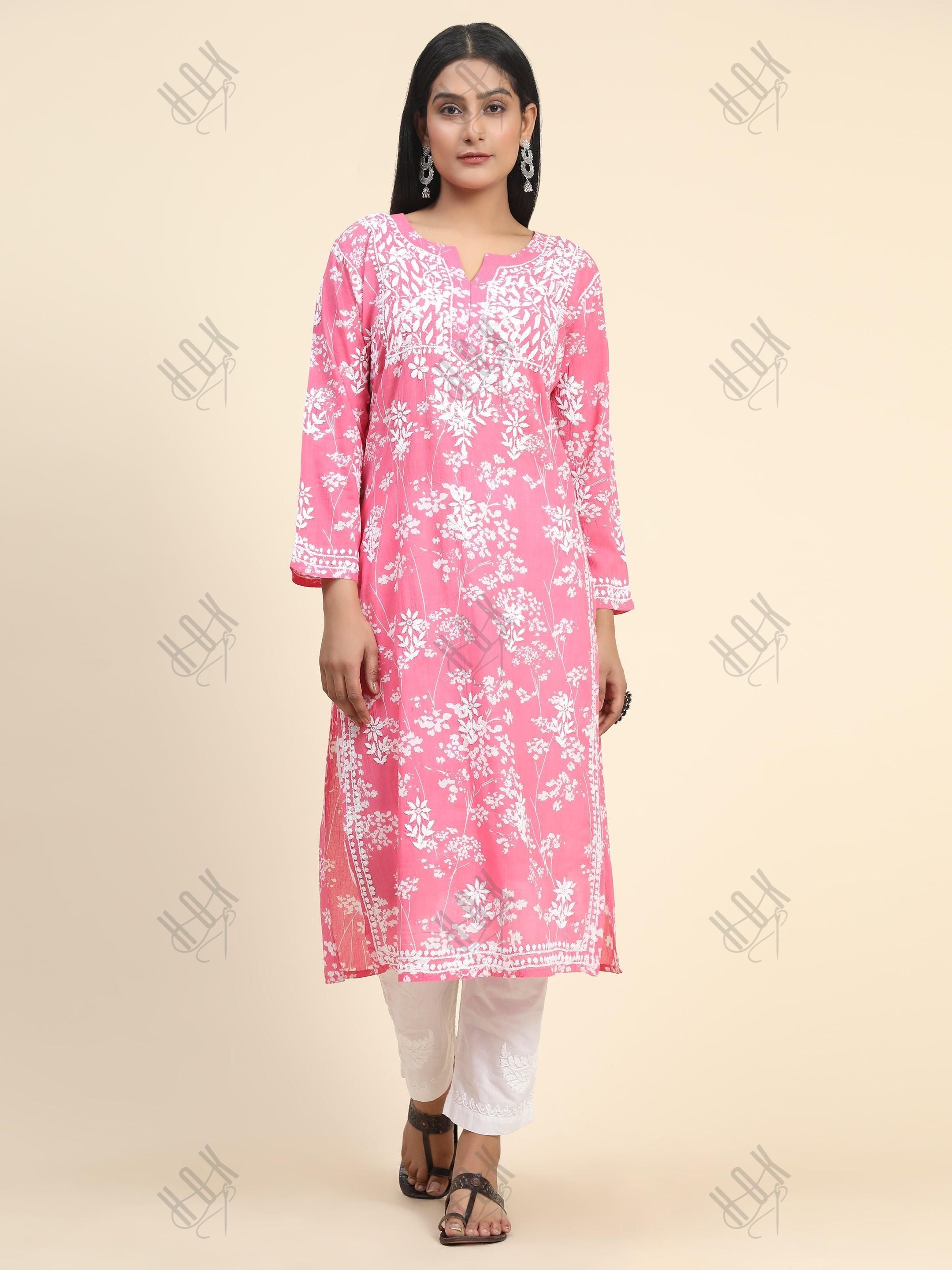 Samma Mul Printed Hand Embroidery Chikankari Kurta- Hot Pink - House Of Kari (Chikankari Clothing)