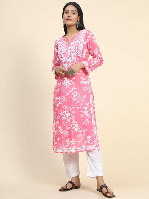 Samma Mul Printed Hand Embroidery Chikankari Kurta- Hot Pink - House Of Kari (Chikankari Clothing)