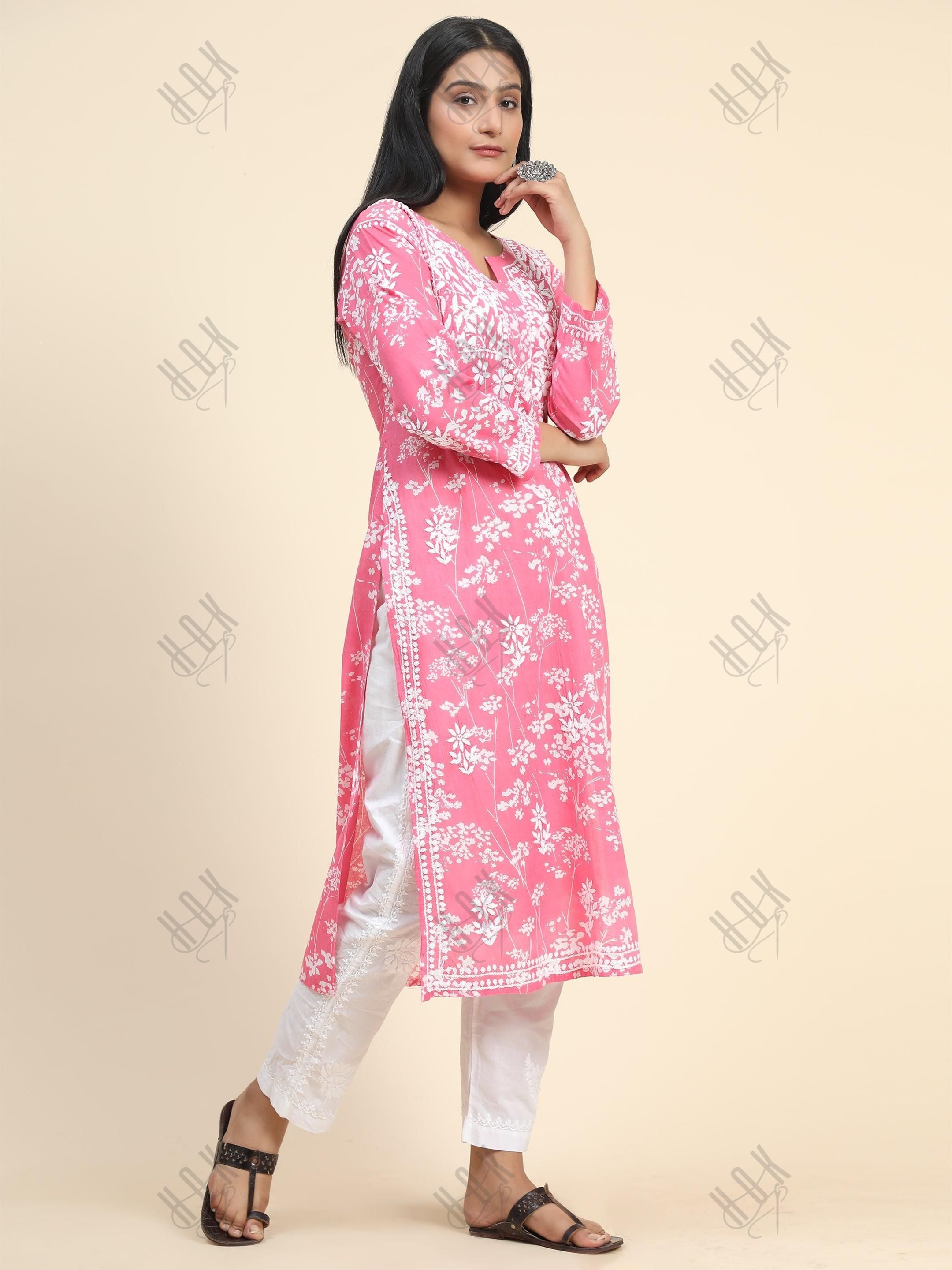 Samma Mul Printed Hand Embroidery Chikankari Kurta- Hot Pink - House Of Kari (Chikankari Clothing)