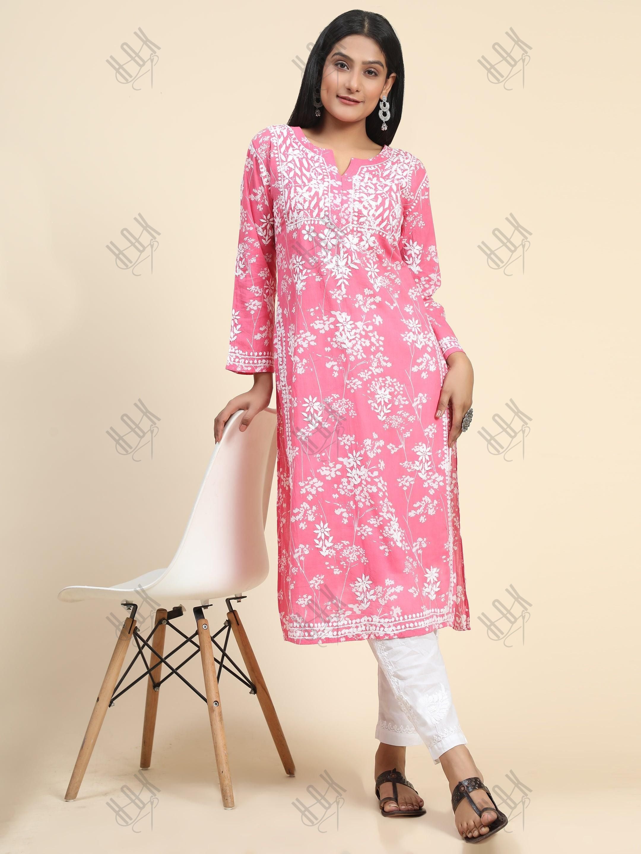 Samma Mul Printed Hand Embroidery Chikankari Kurta- Hot Pink - House Of Kari (Chikankari Clothing)