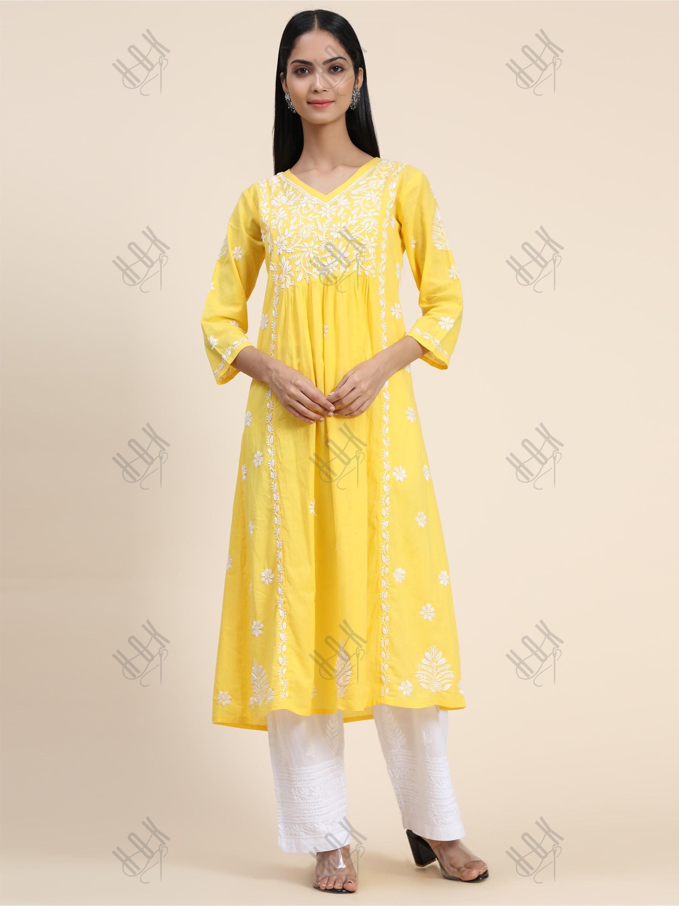 Hand embroidery Chikankari V Neck Anarkali Dress | Long Kurti in Cotton For Women - House Of Kari (Chikankari Clothing)