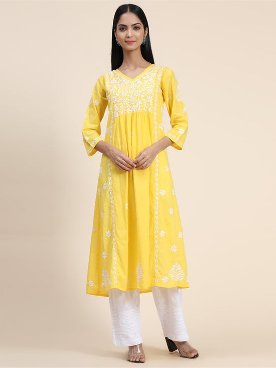 Load image into Gallery viewer, Hand embroidery Chikankari V Neck Anarkali Dress | Long Kurti in Cotton For Women - House Of Kari (Chikankari Clothing)
