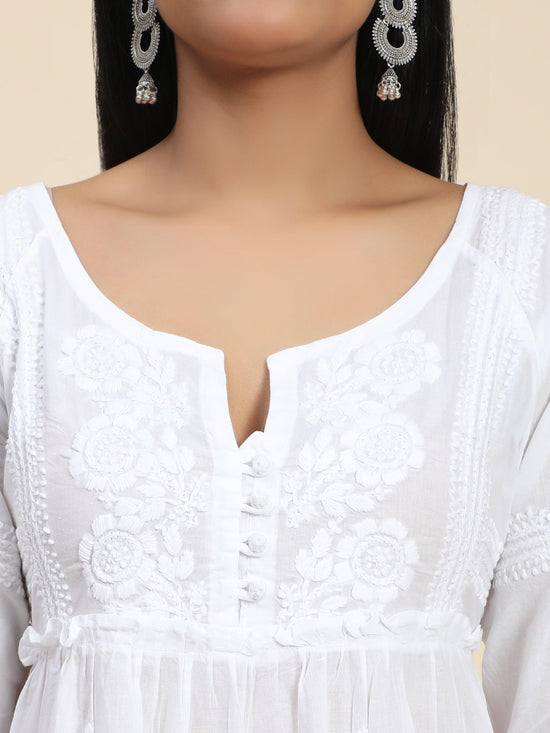 Noor Hand Embroidered Chikankari Dress for Women - White - House Of Kari (Chikankari Clothing)