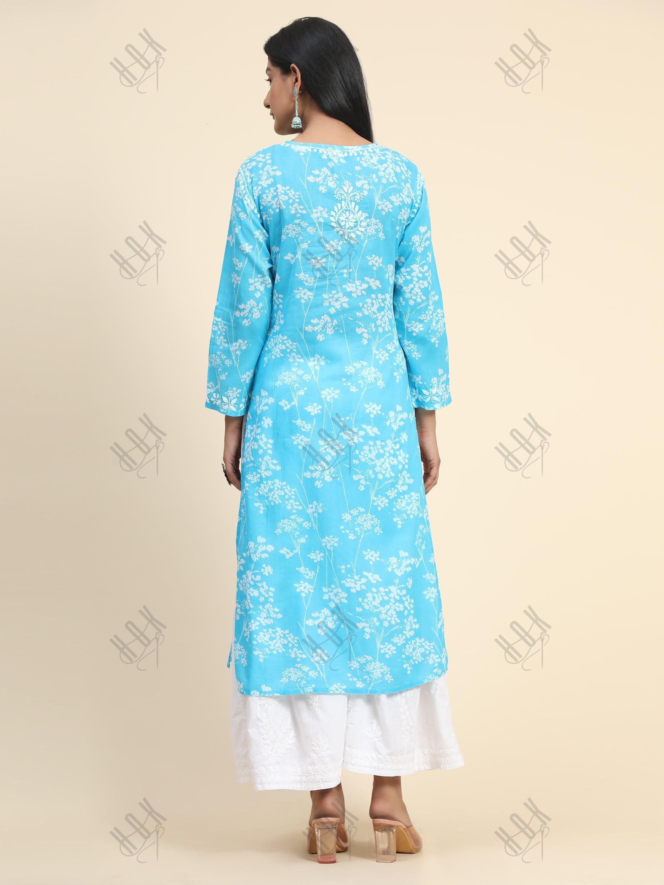 Samma Mul Printed Hand Embroidery Chikankari Kurta- Light Blue - House Of Kari (Chikankari Clothing)