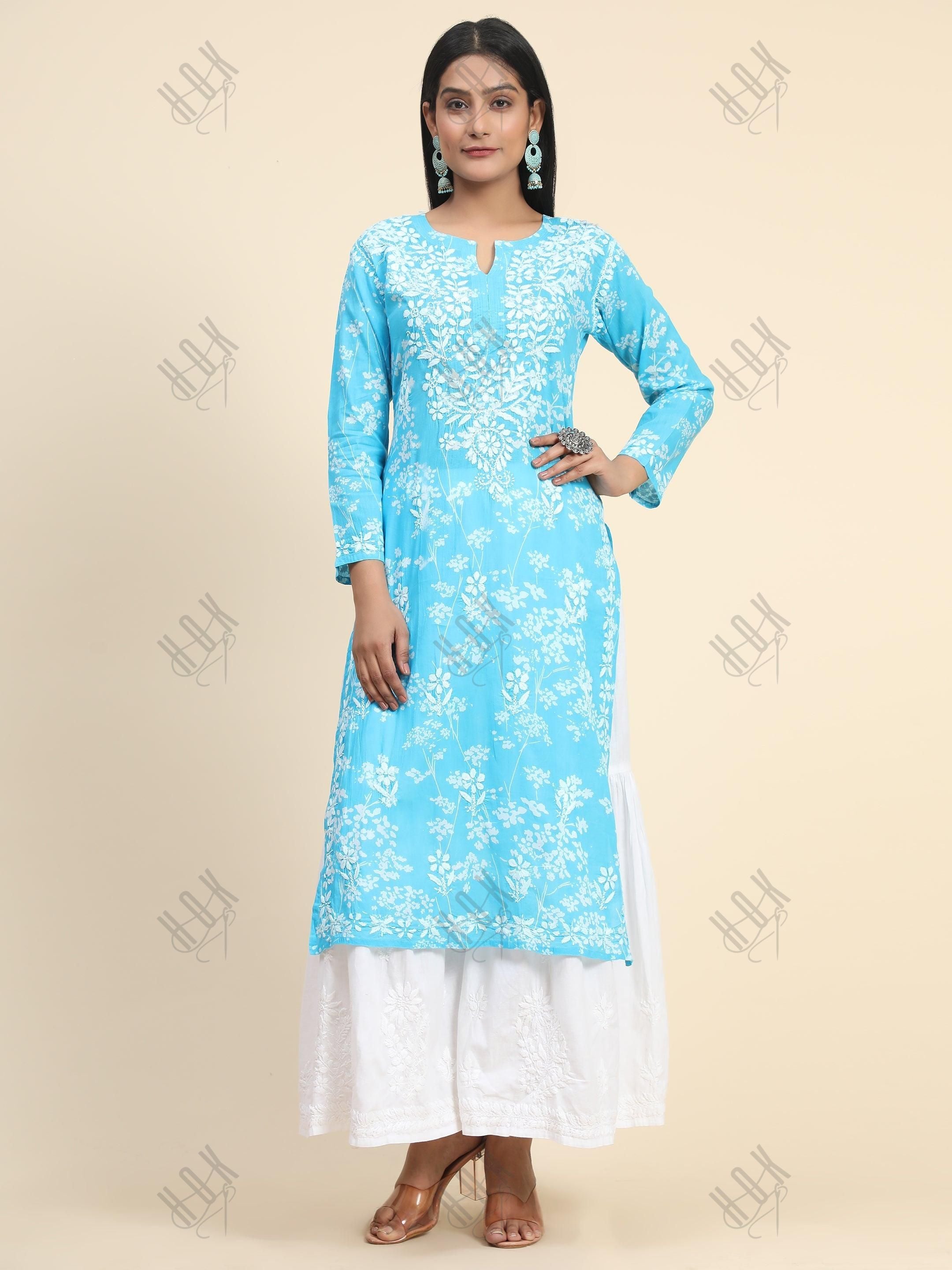 Samma Mul Printed Hand Embroidery Chikankari Kurta- Light Blue - House Of Kari (Chikankari Clothing)