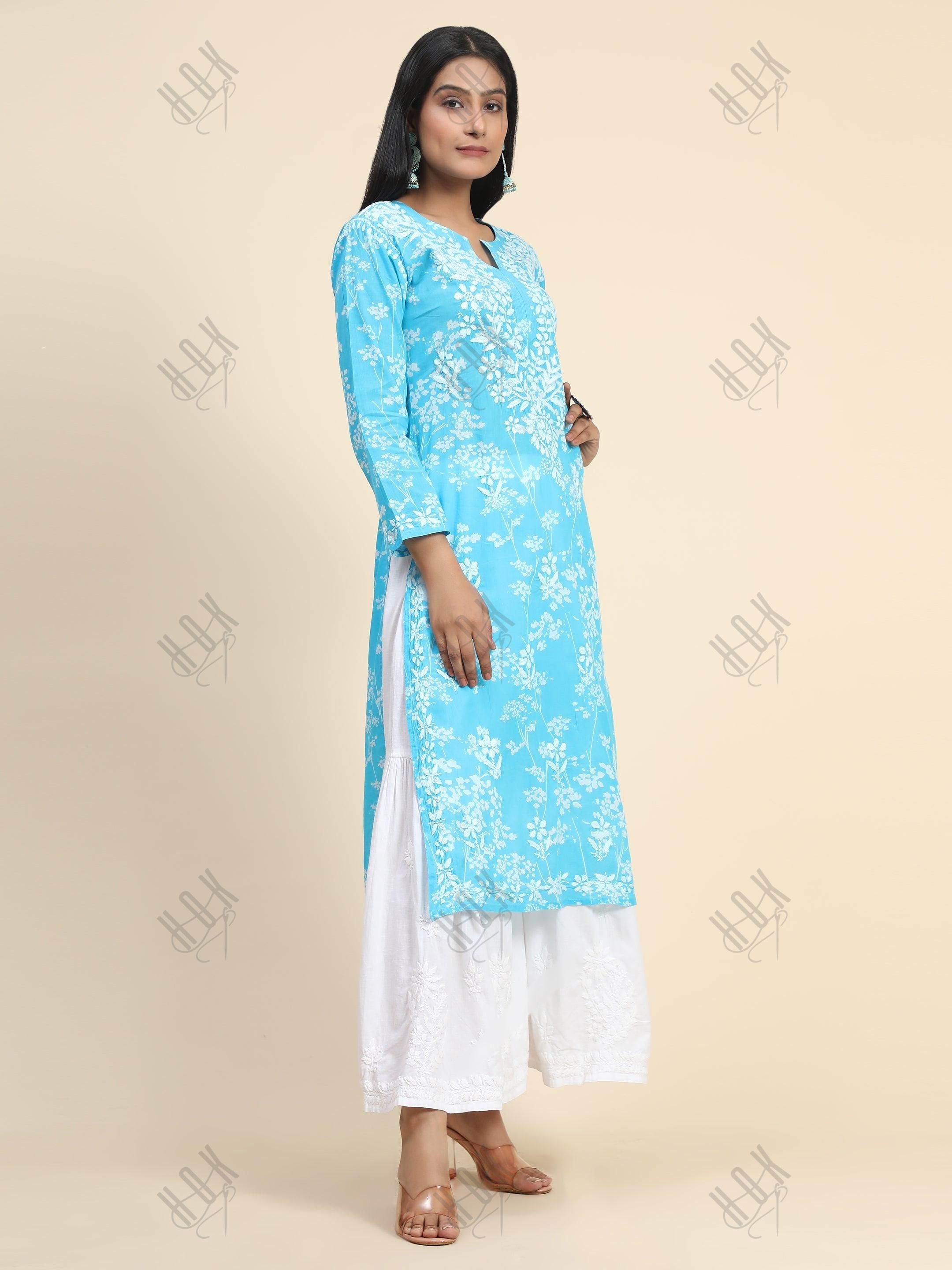 Samma Mul Printed Hand Embroidery Chikankari Kurta- Light Blue - House Of Kari (Chikankari Clothing)