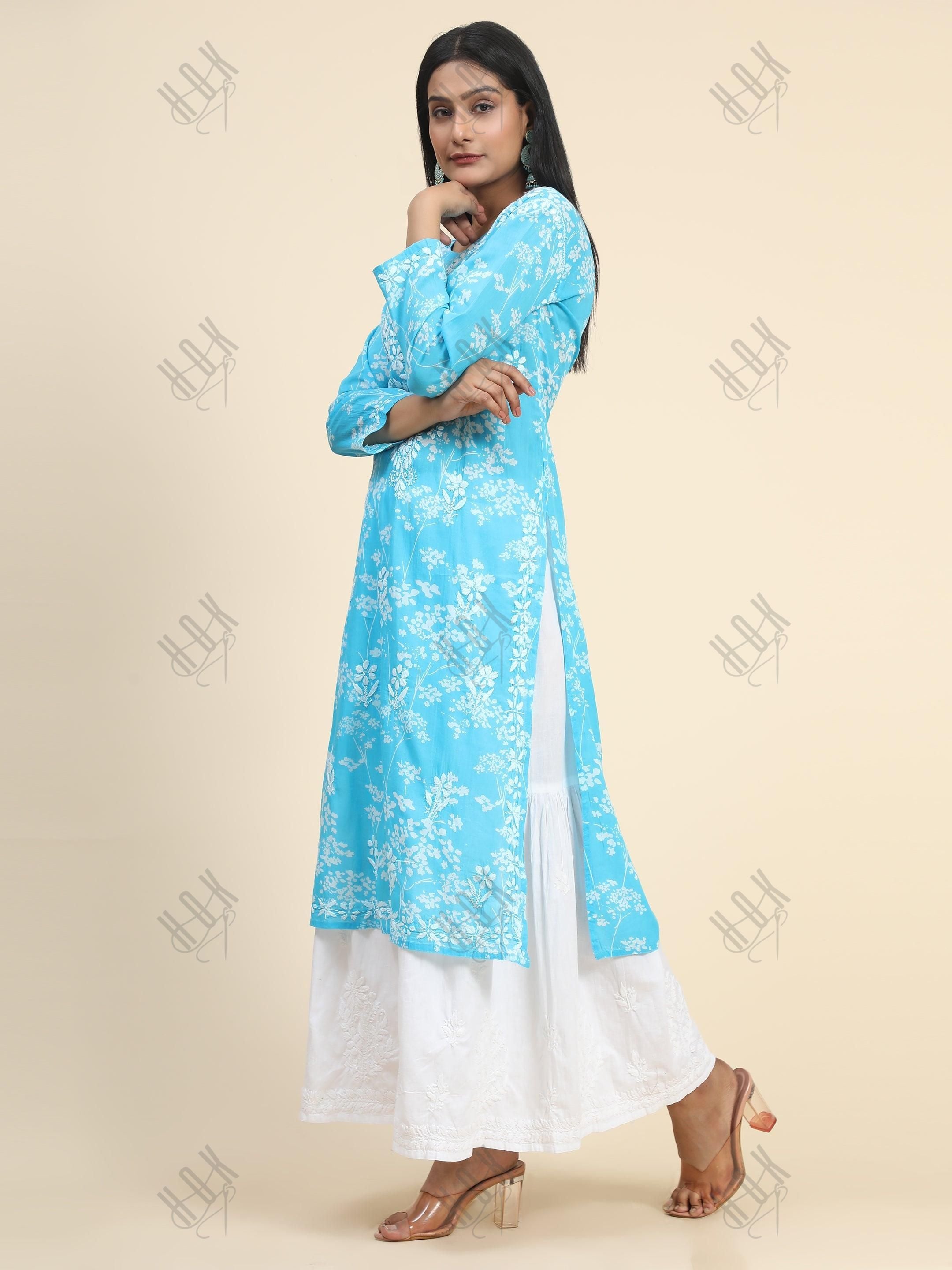 Samma Mul Printed Hand Embroidery Chikankari Kurta- Light Blue - House Of Kari (Chikankari Clothing)