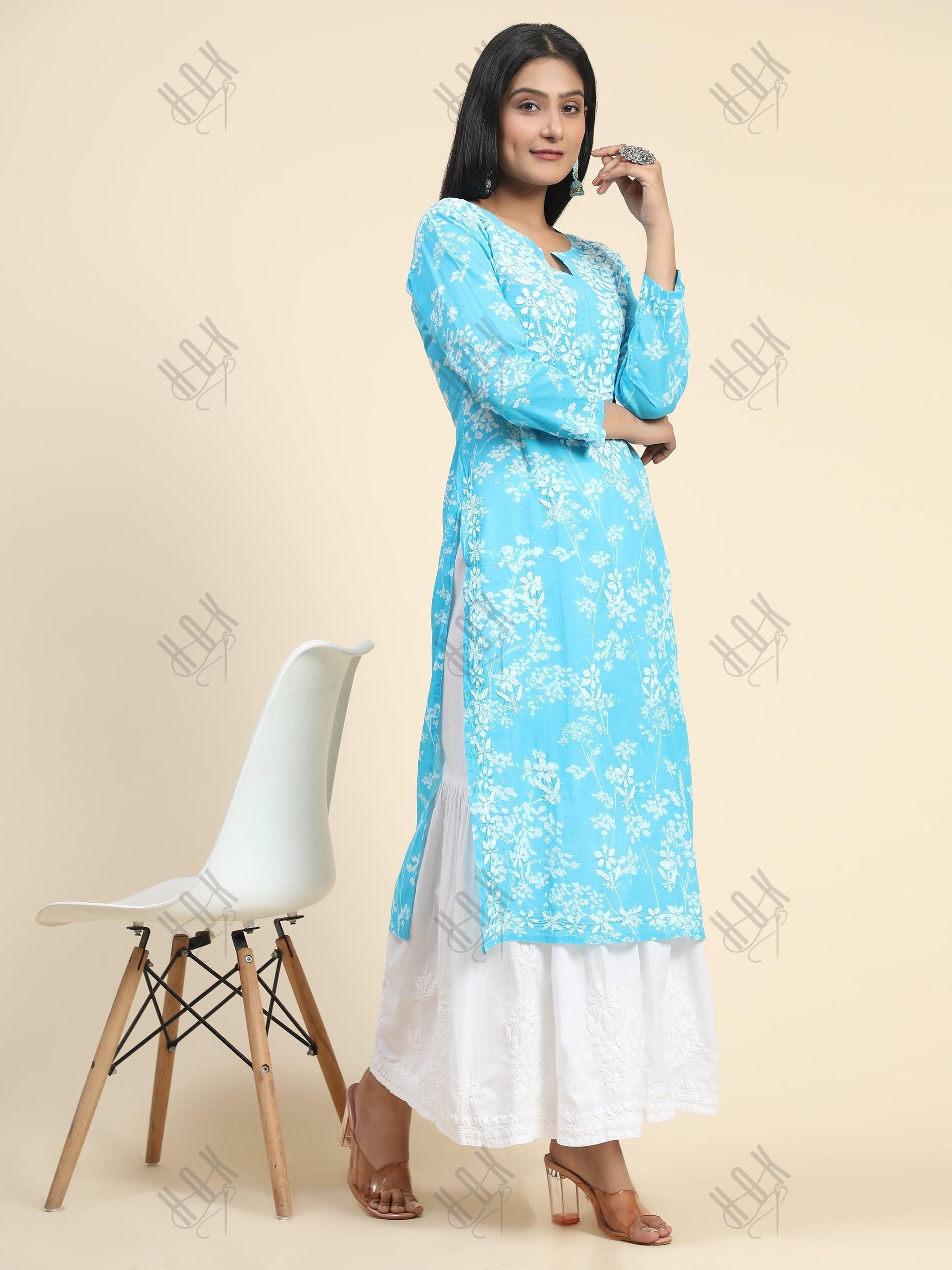 Samma Mul Printed Hand Embroidery Chikankari Kurta- Light Blue - House Of Kari (Chikankari Clothing)