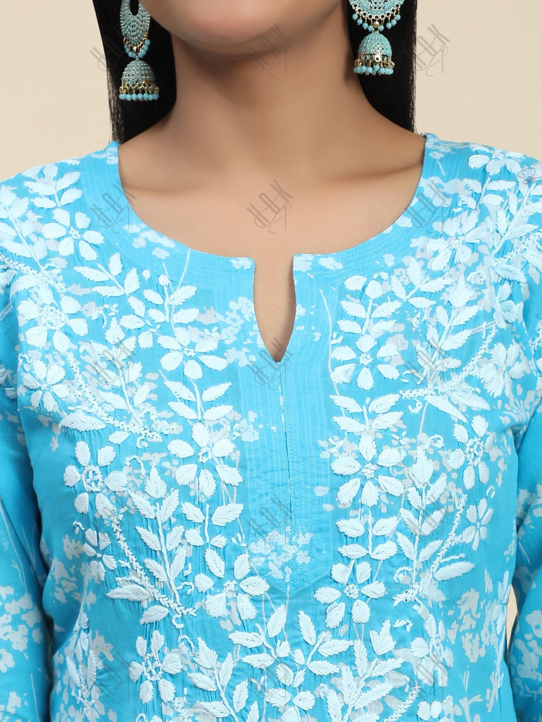 Samma Mul Printed Hand Embroidery Chikankari Kurta- Light Blue - House Of Kari (Chikankari Clothing)