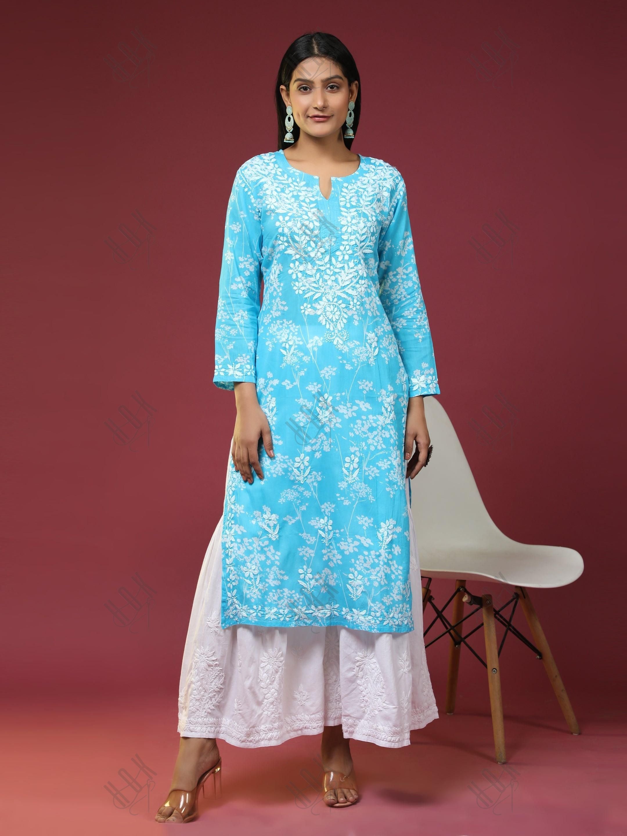 Samma Mul Printed Hand Embroidery Chikankari Kurta- Light Blue - House Of Kari (Chikankari Clothing)