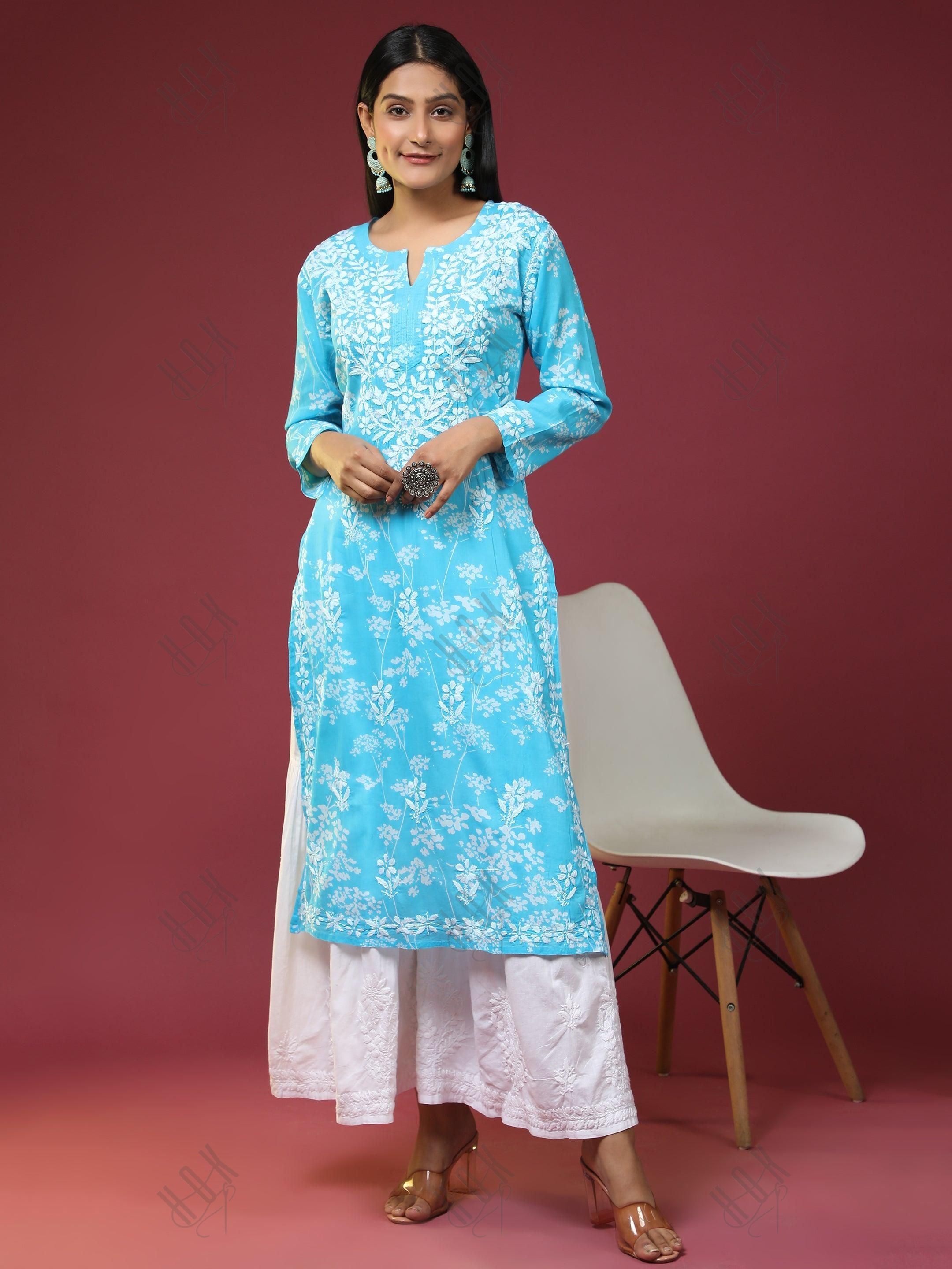 Samma Mul Printed Hand Embroidery Chikankari Kurta- Light Blue - House Of Kari (Chikankari Clothing)